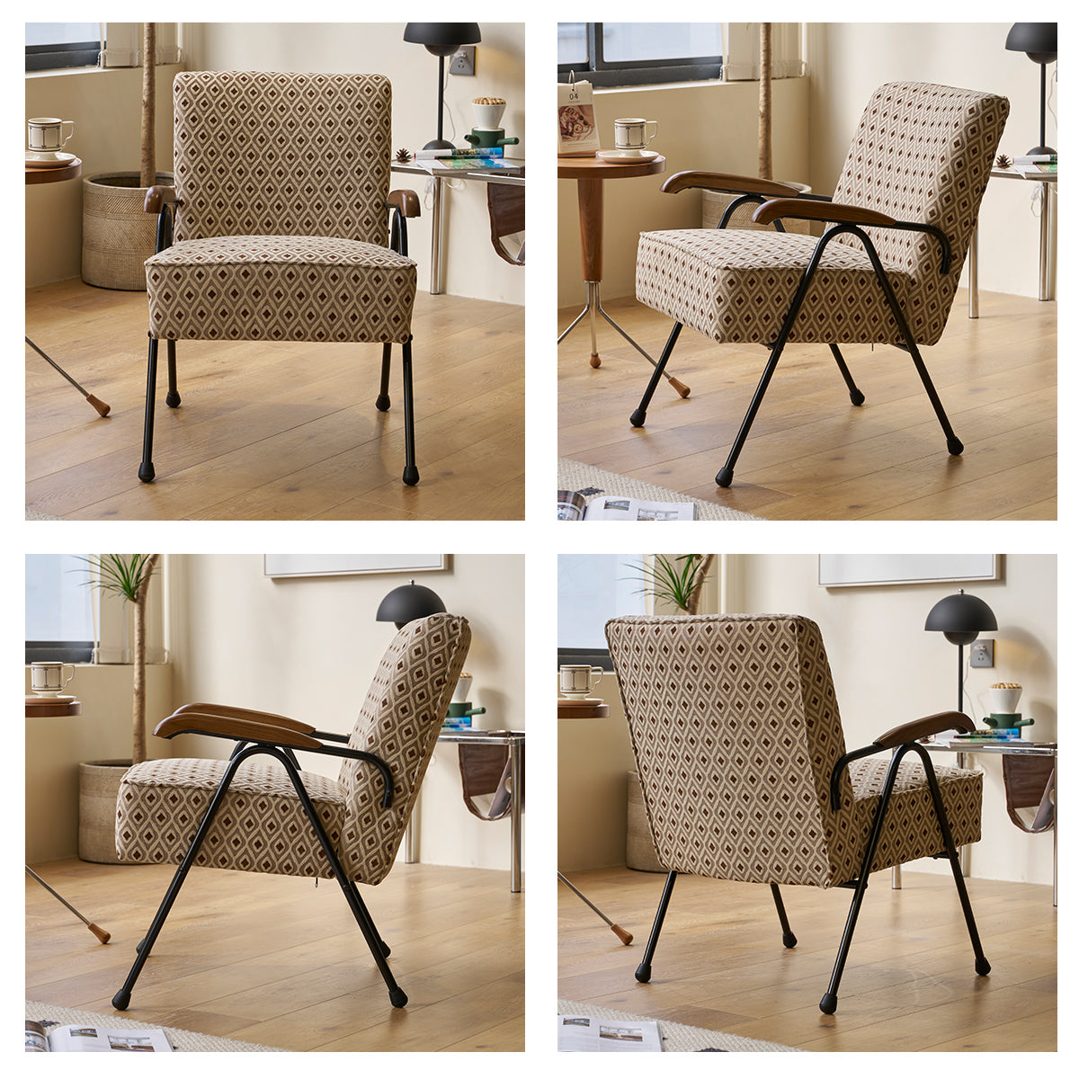 Brown diamond pattern armchair with wooden arms and black metal legs