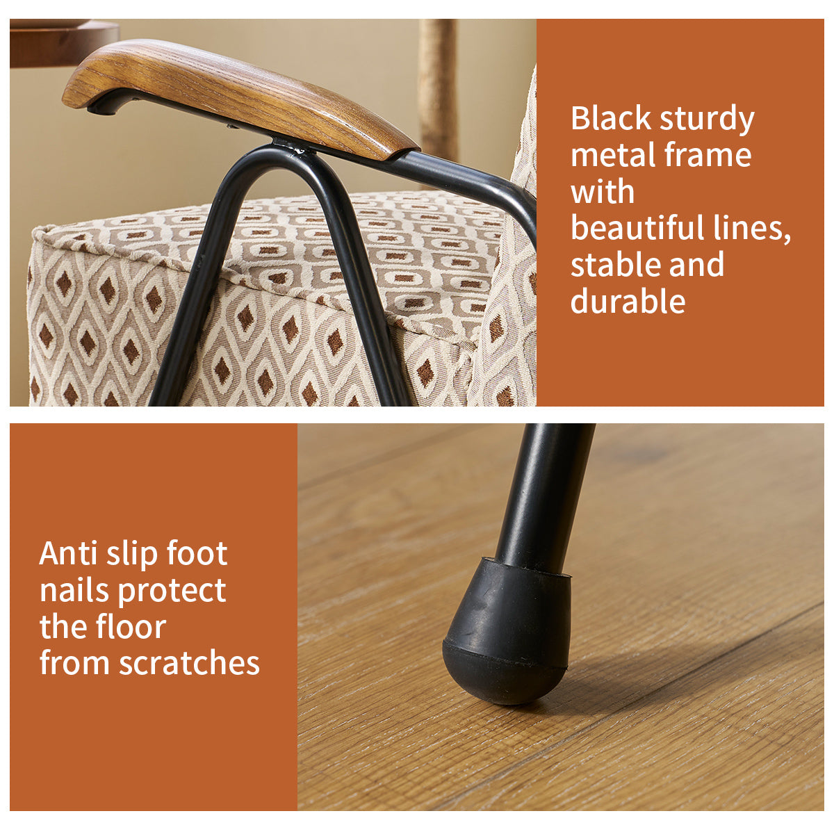 Closeup of a midcentury modern armchair armrest with wooden top and black metal frame