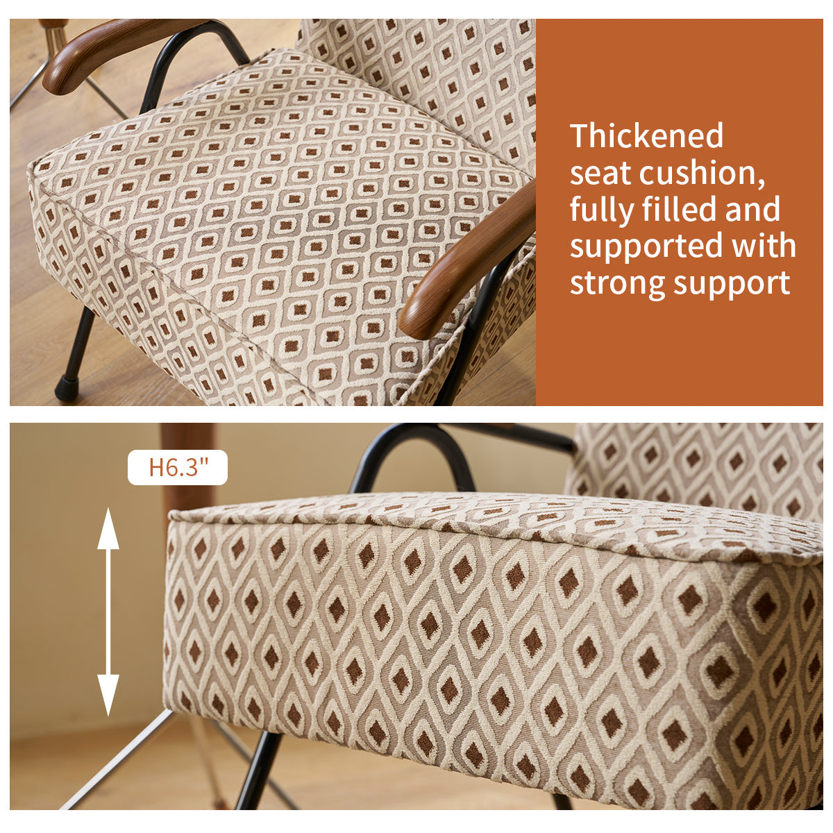 Armchair seat cushion with diamond pattern fabric and wooden armrests