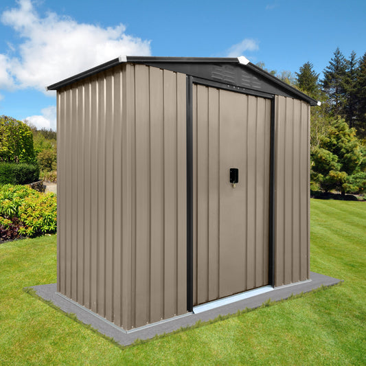 Taupe metal garden shed with single door and padlock ideal for outdoor storage