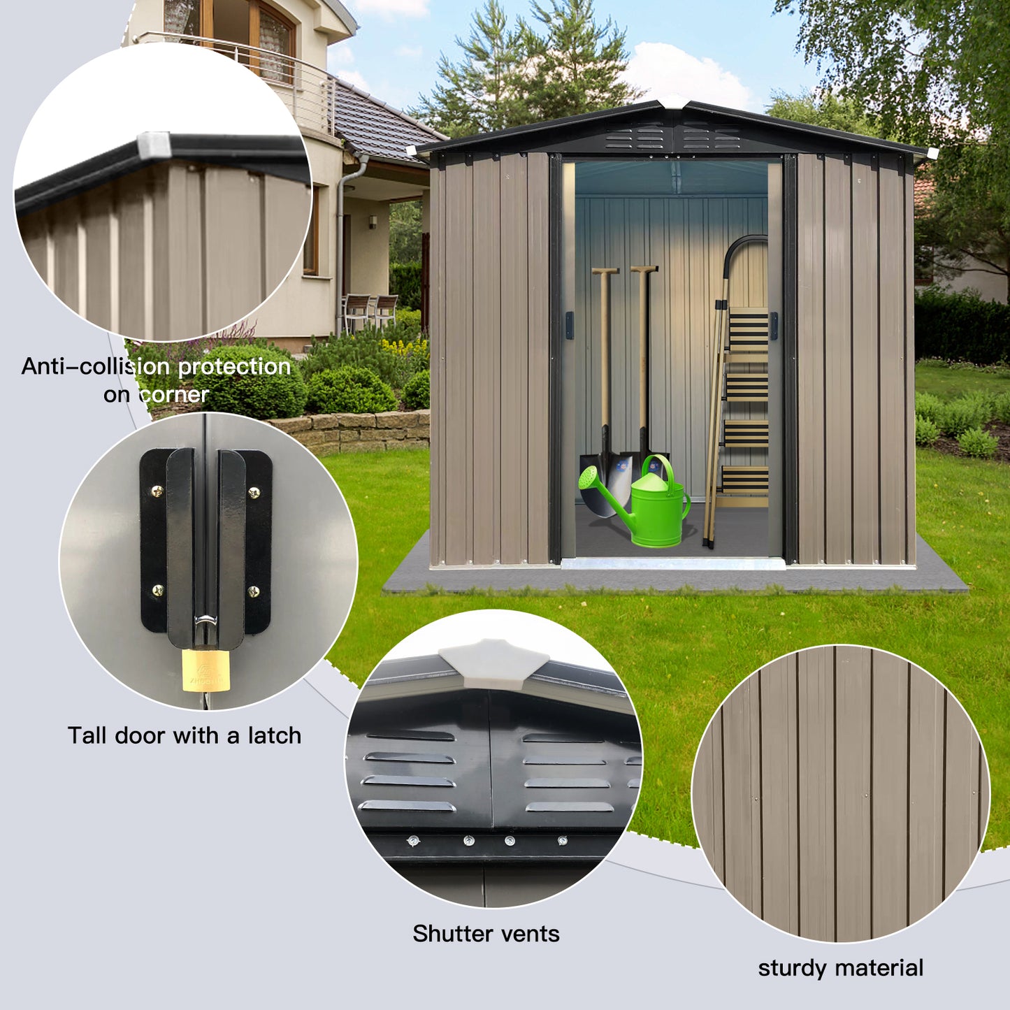 Taupe metal garden shed with tall door and latch detail
