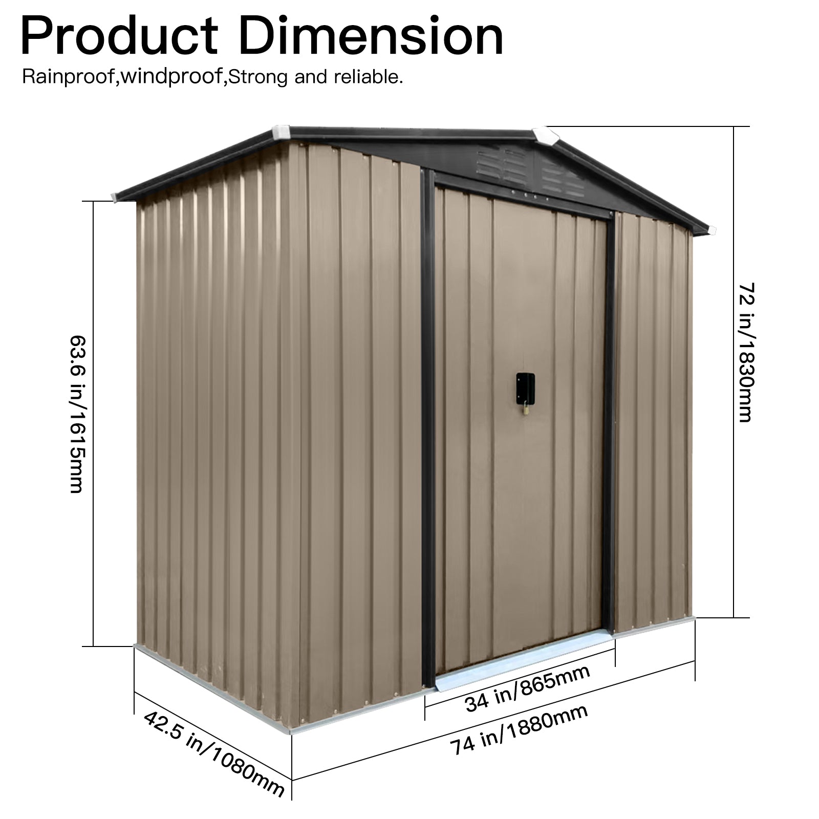 Taupe corrugated metal outdoor storage shed in wide