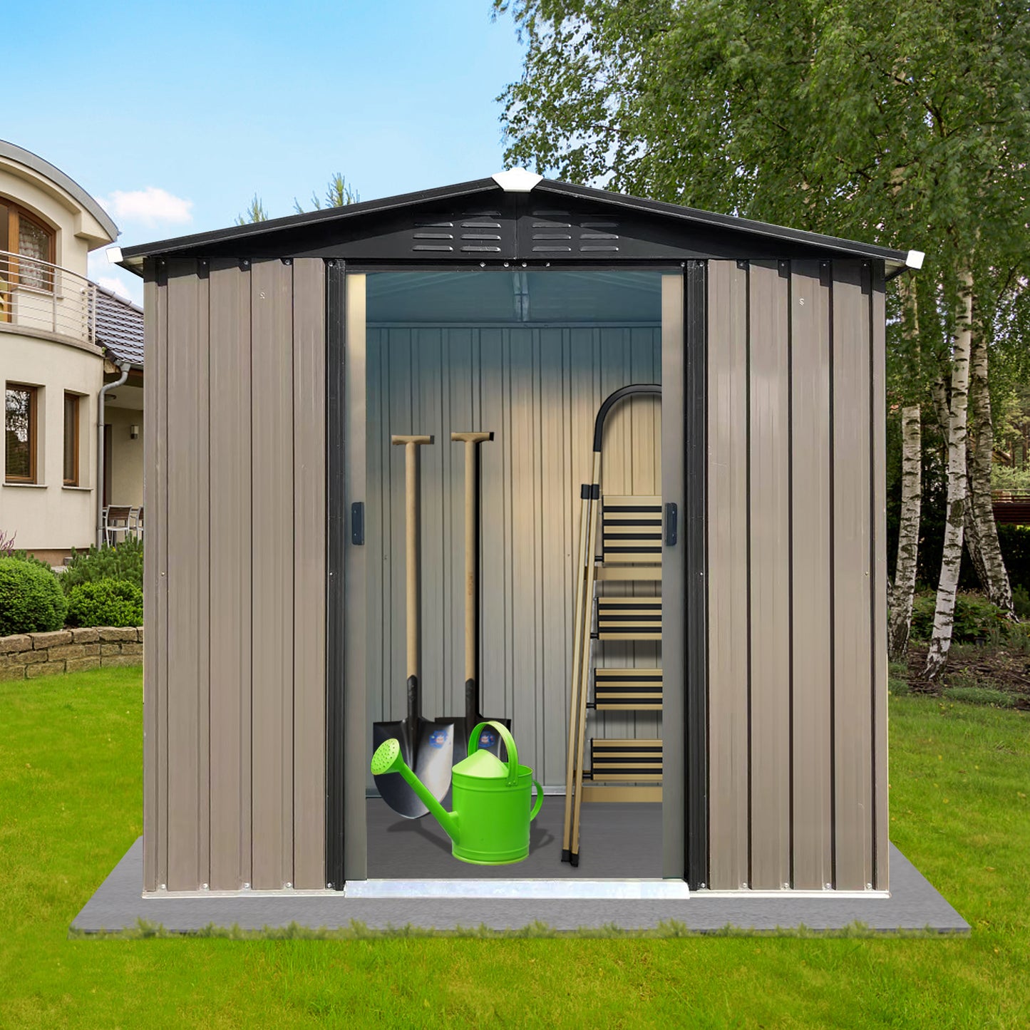 Brown metal garden shed with open doors showing shovels watering can and ladder