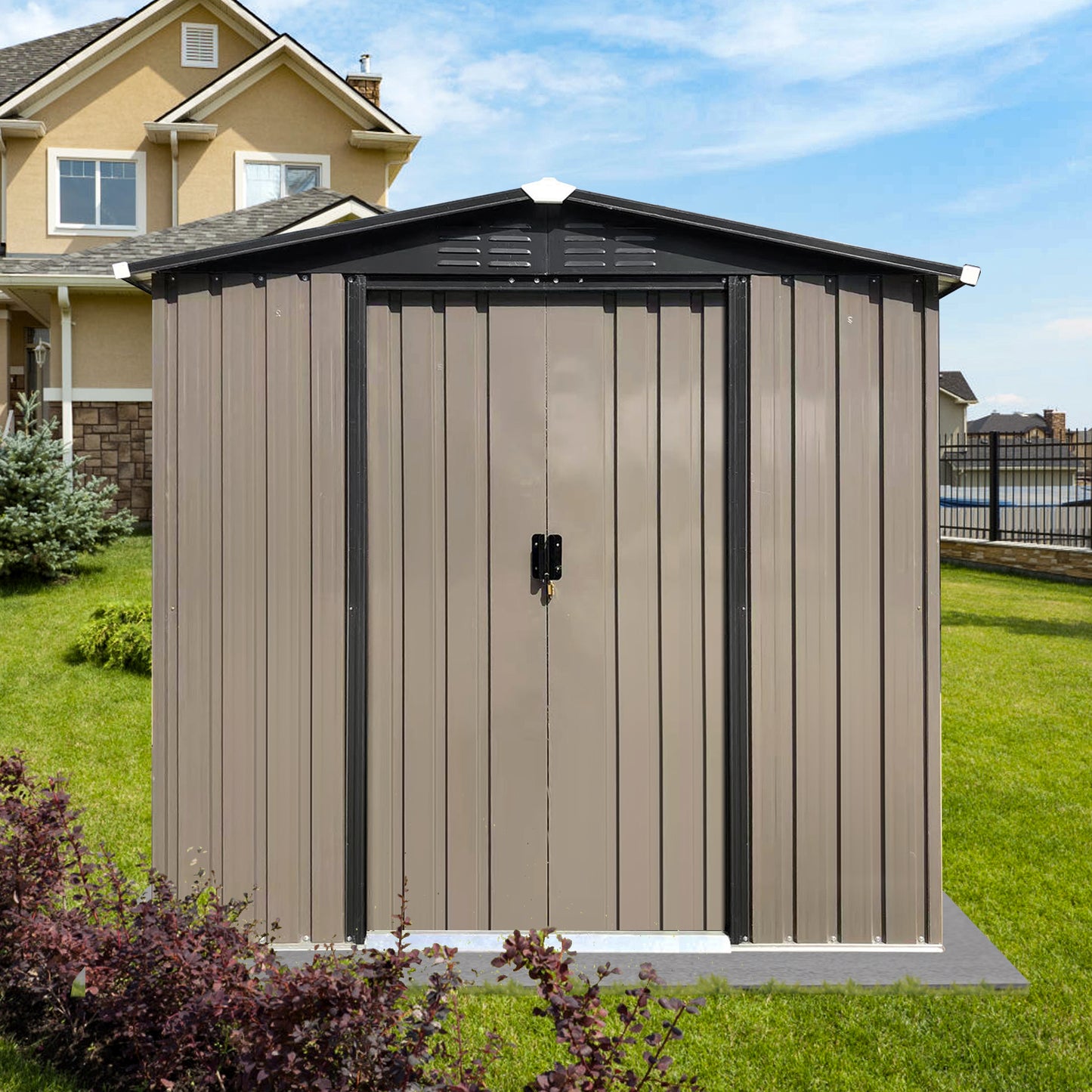 Taupe metal storage shed with double doors and ventilation on a sunny day