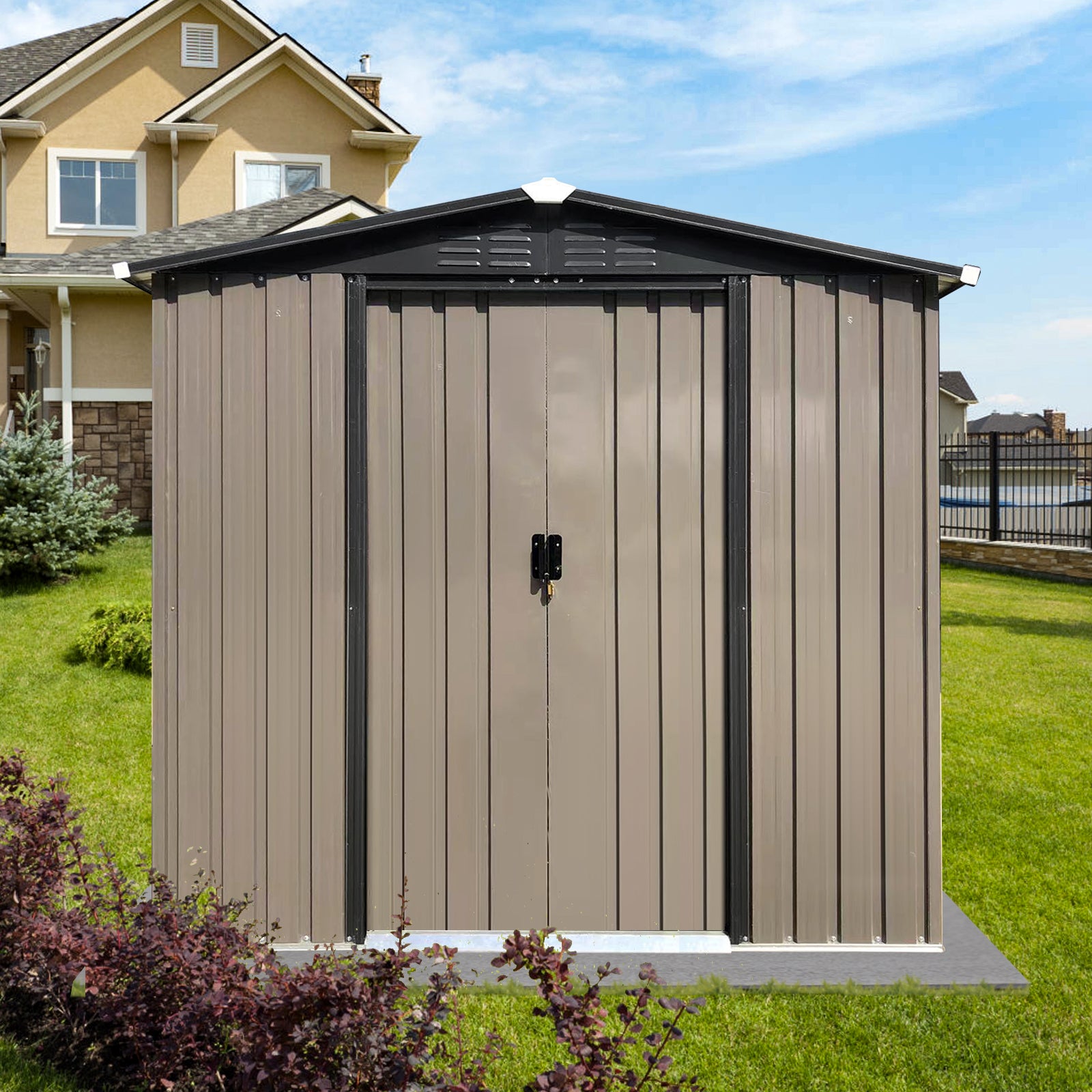 Taupe metal storage shed with double doors and ventilation on a sunny day