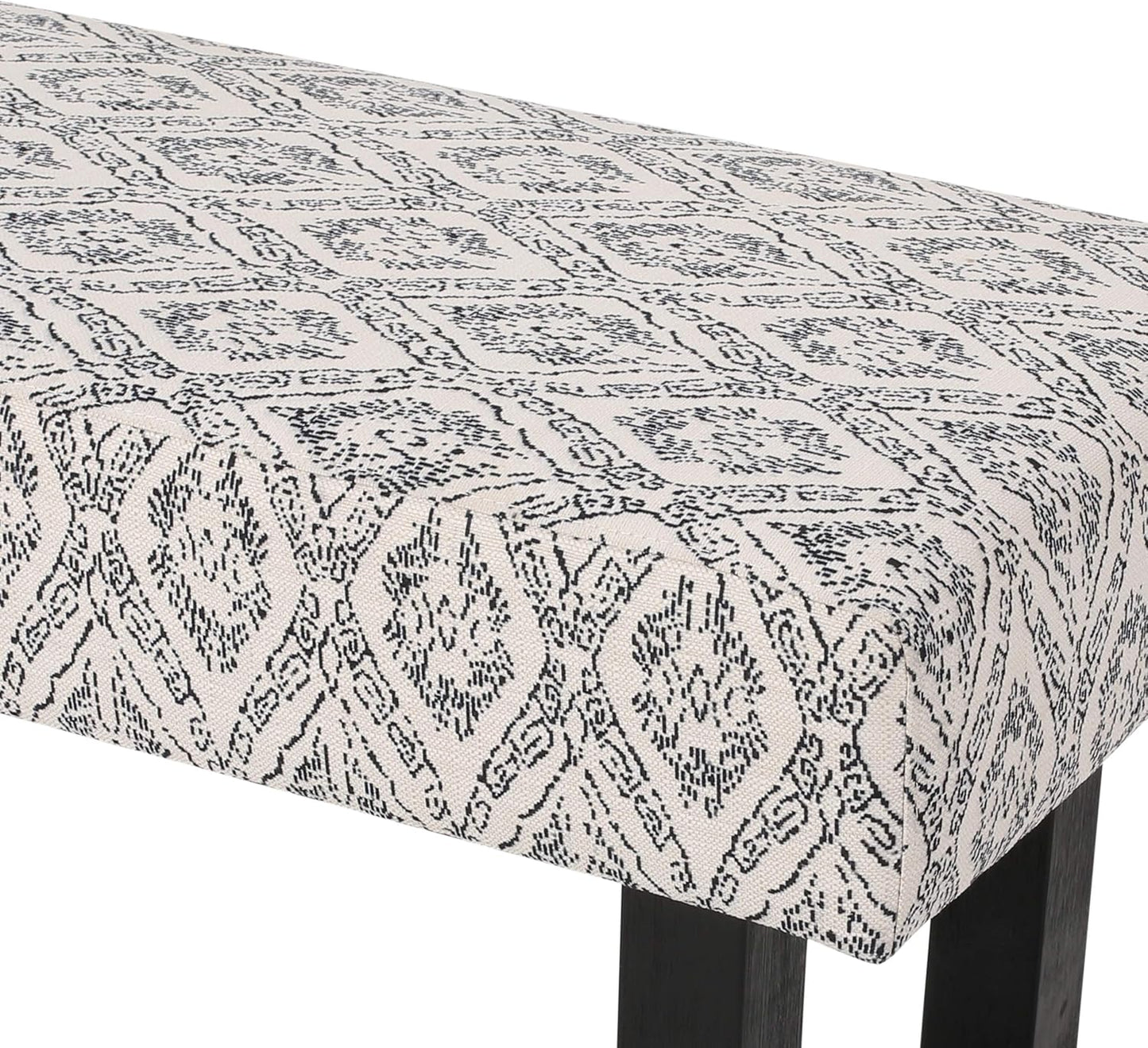 Cream and black patterned upholstered bench