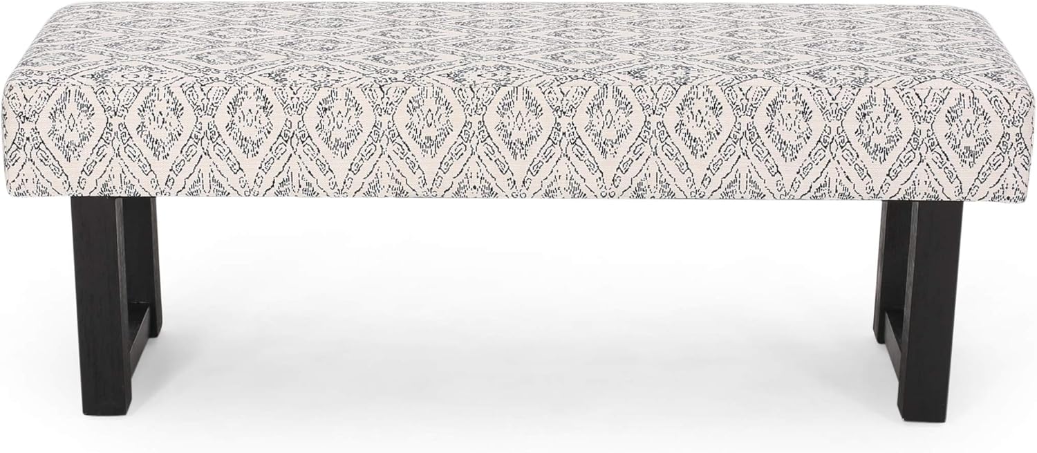 Geometric pattern fabric ottoman bench with dark wood legs