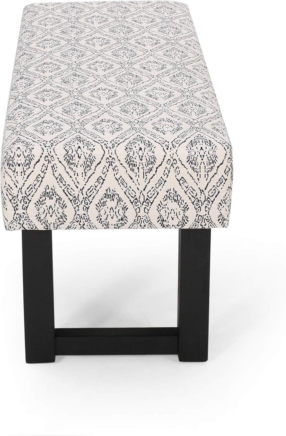 Cream and black damask upholstered bench with sturdy black wood legs