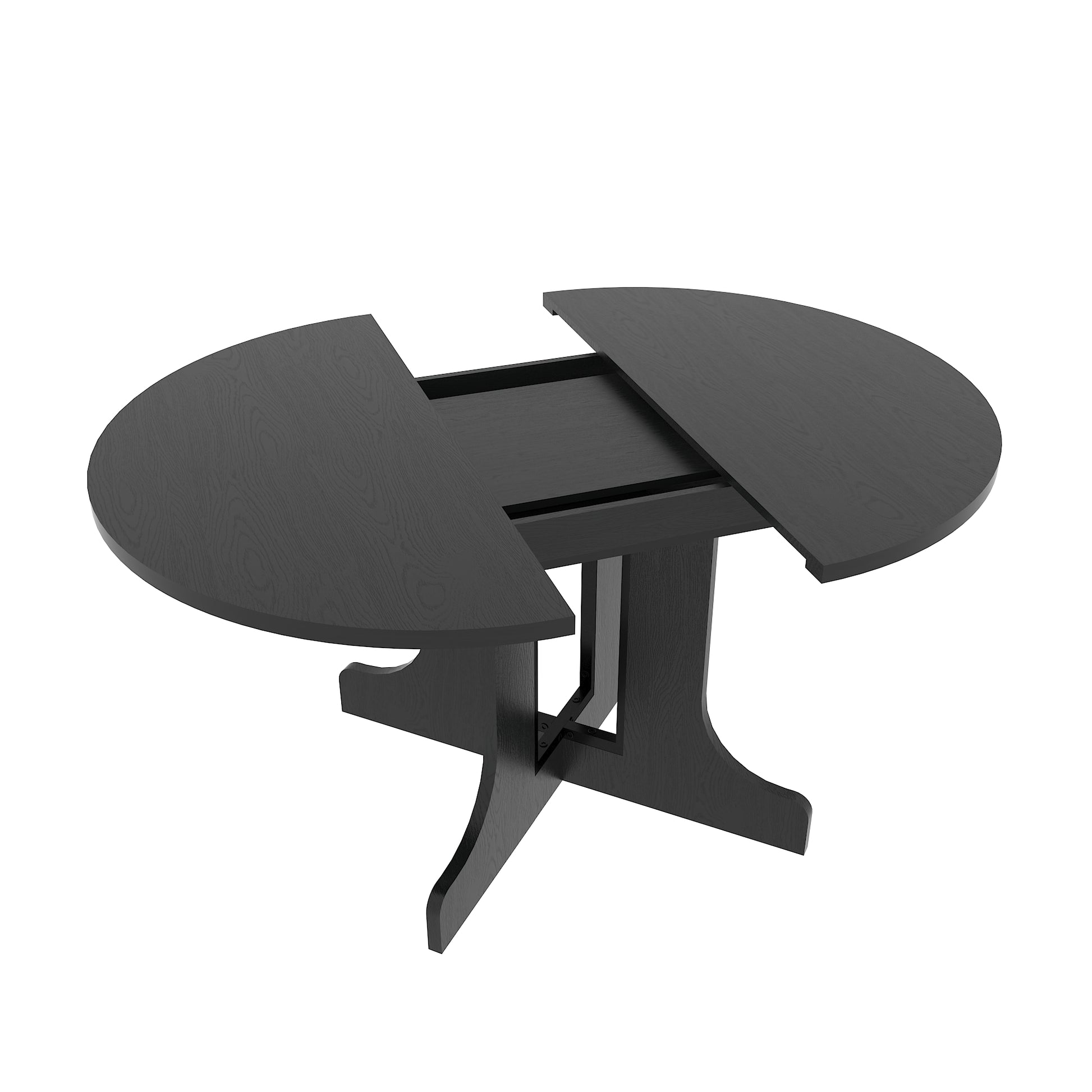Dark wood oval dining table with extendable leaves and modern pedestal base