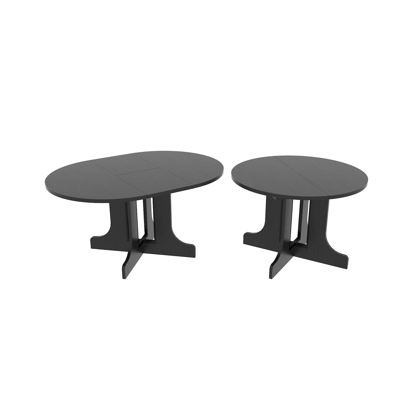 Two dark wood accent tables one oval one round with modern crossleg bases