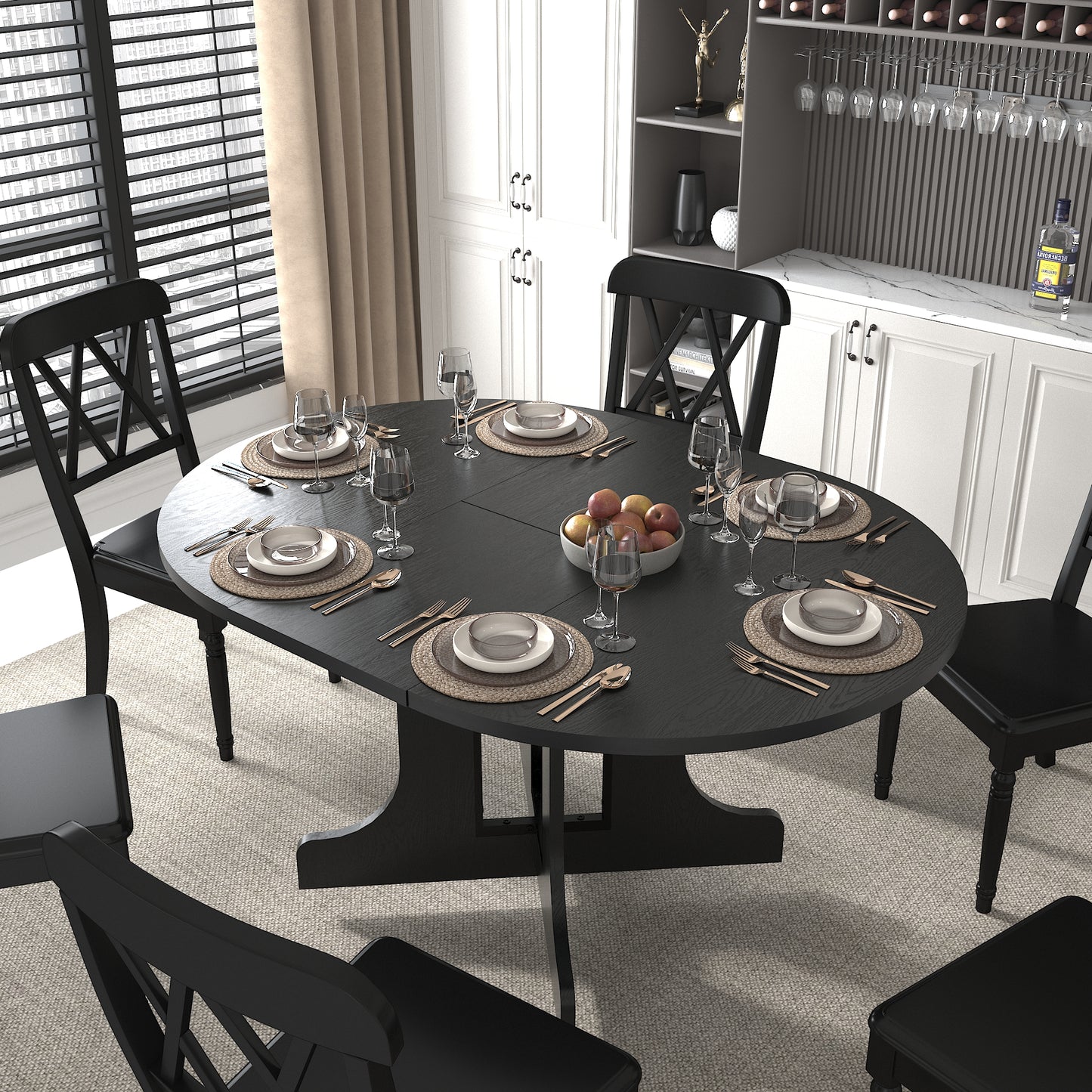 Black round dining table set with crossback chairs perfect for intimate gatherings