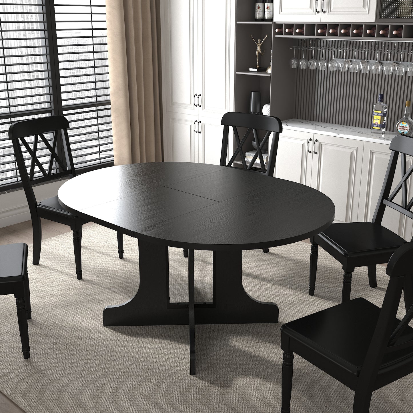 Dark wood oval dining table with extendable leaves seats four to six people