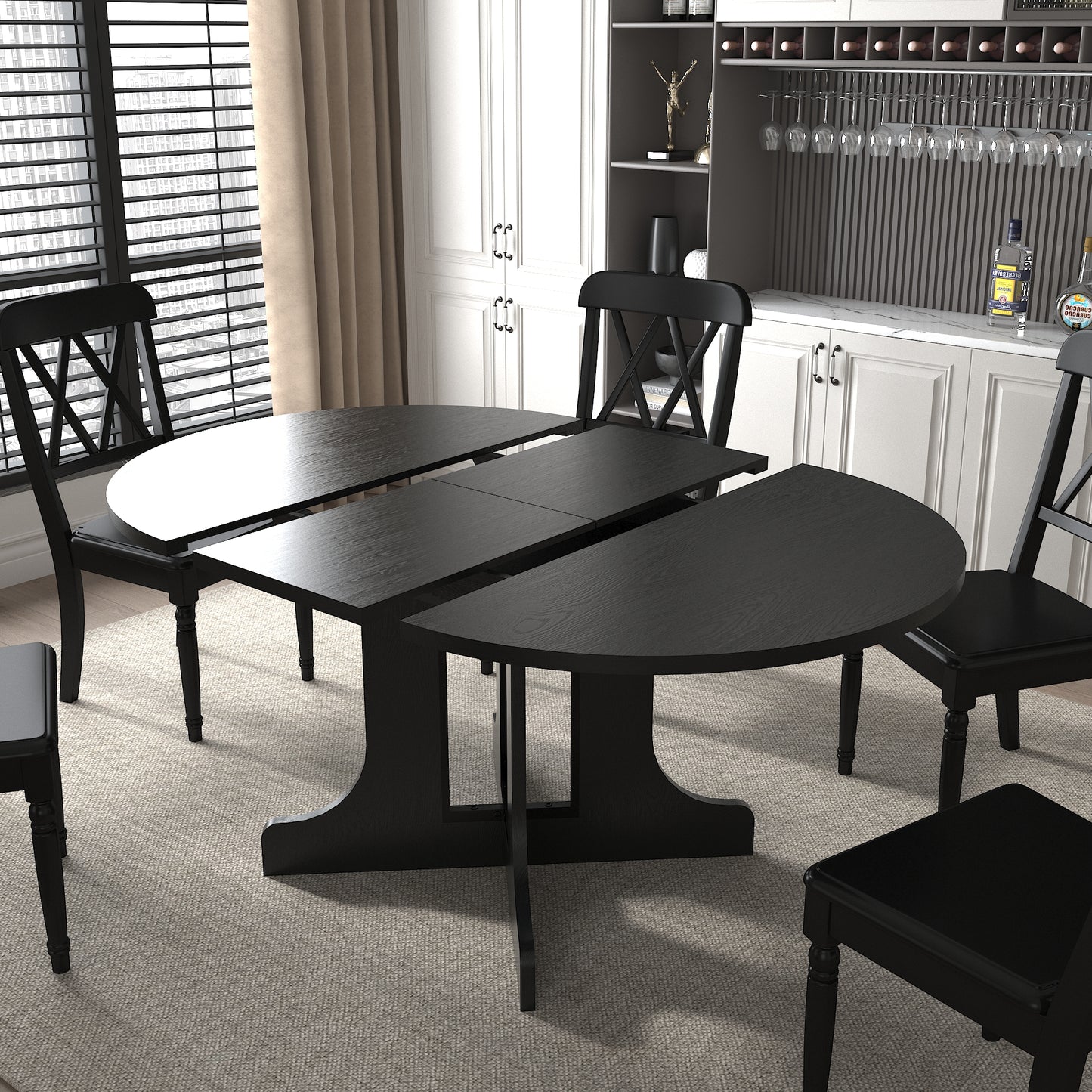 Black expandable dining table with Xback chairs for versatile seating