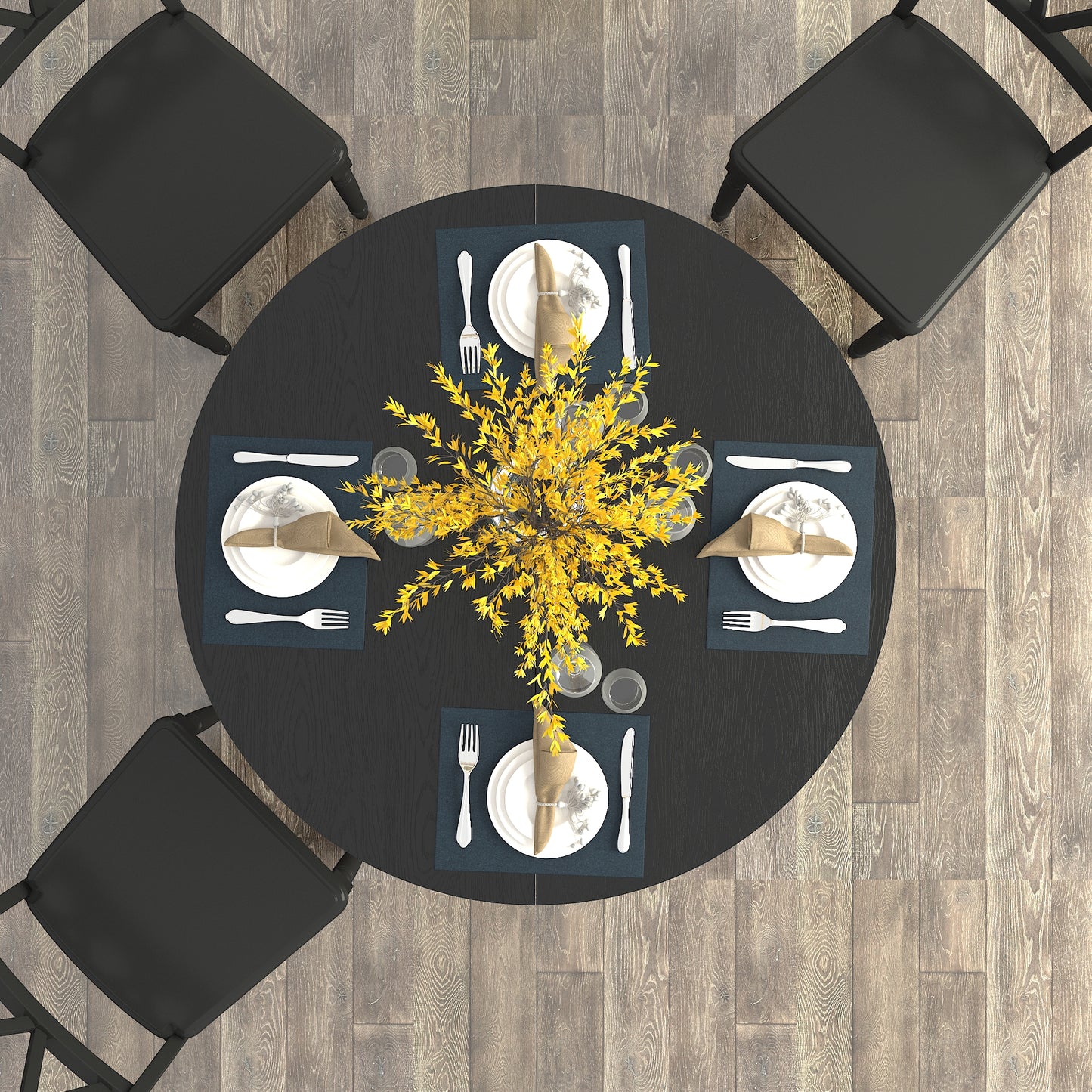 Black dining table set for four with yellow floral centerpiece on hardwood floor