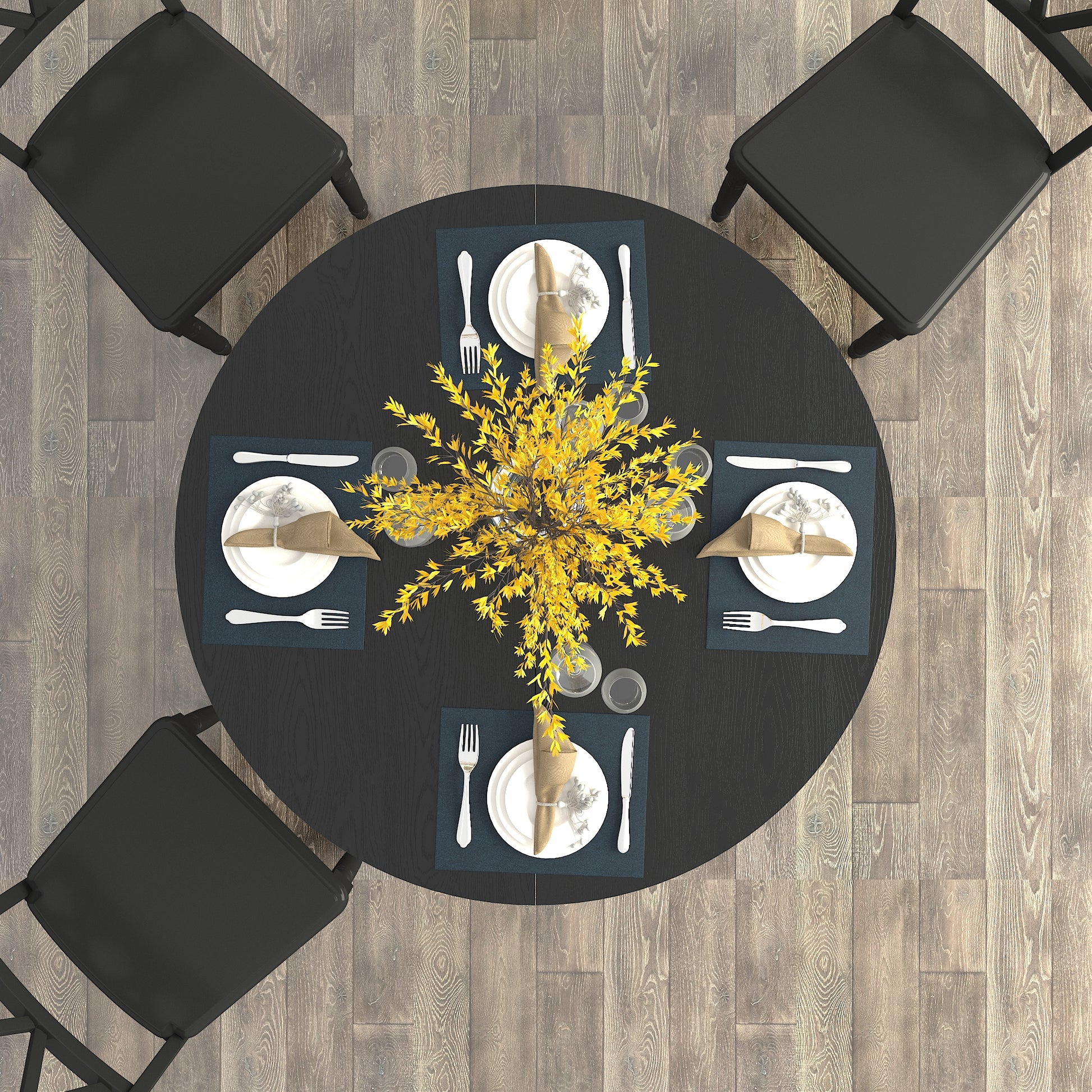 Black dining table set for four with yellow floral centerpiece on hardwood floor