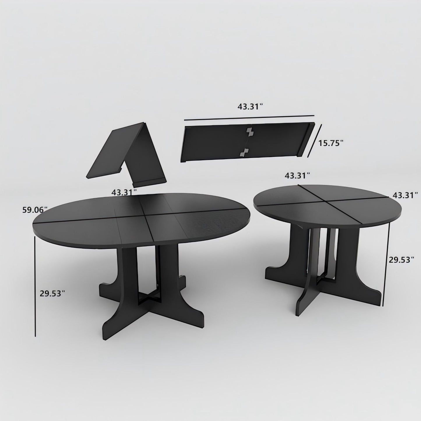 Black round dining table with a split top design