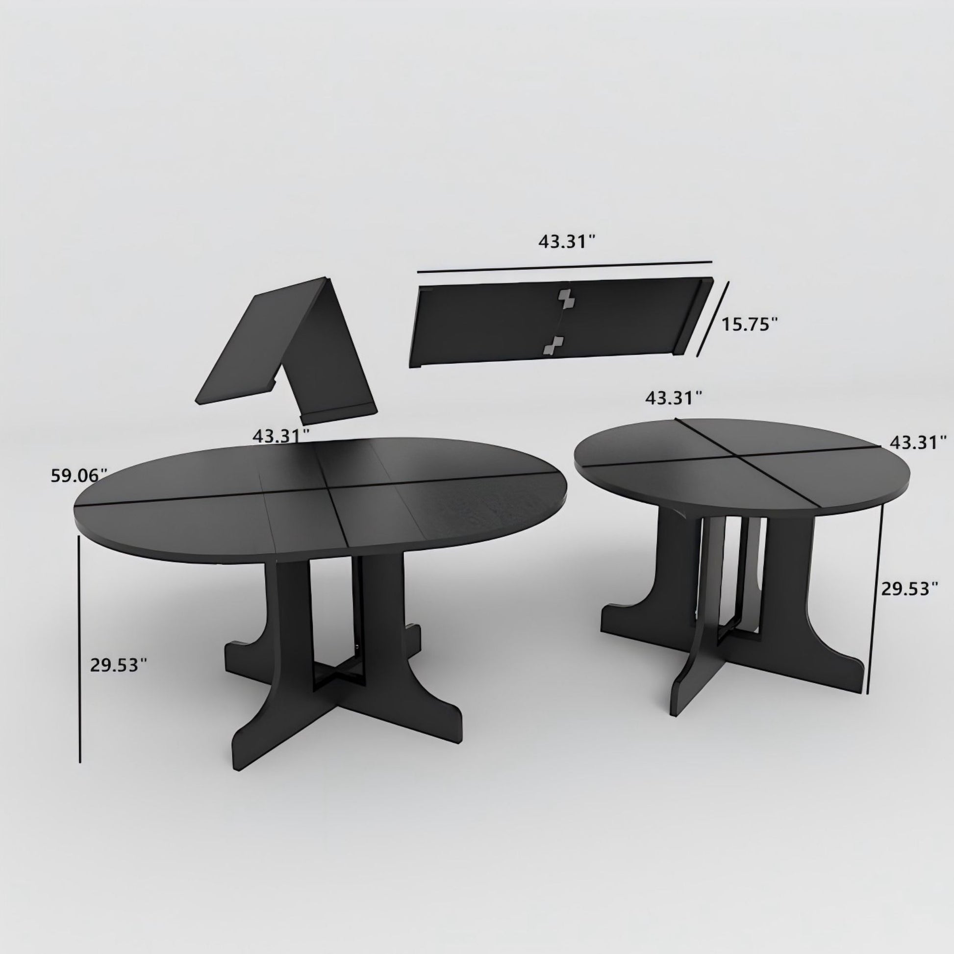 Black round dining table with a split top design