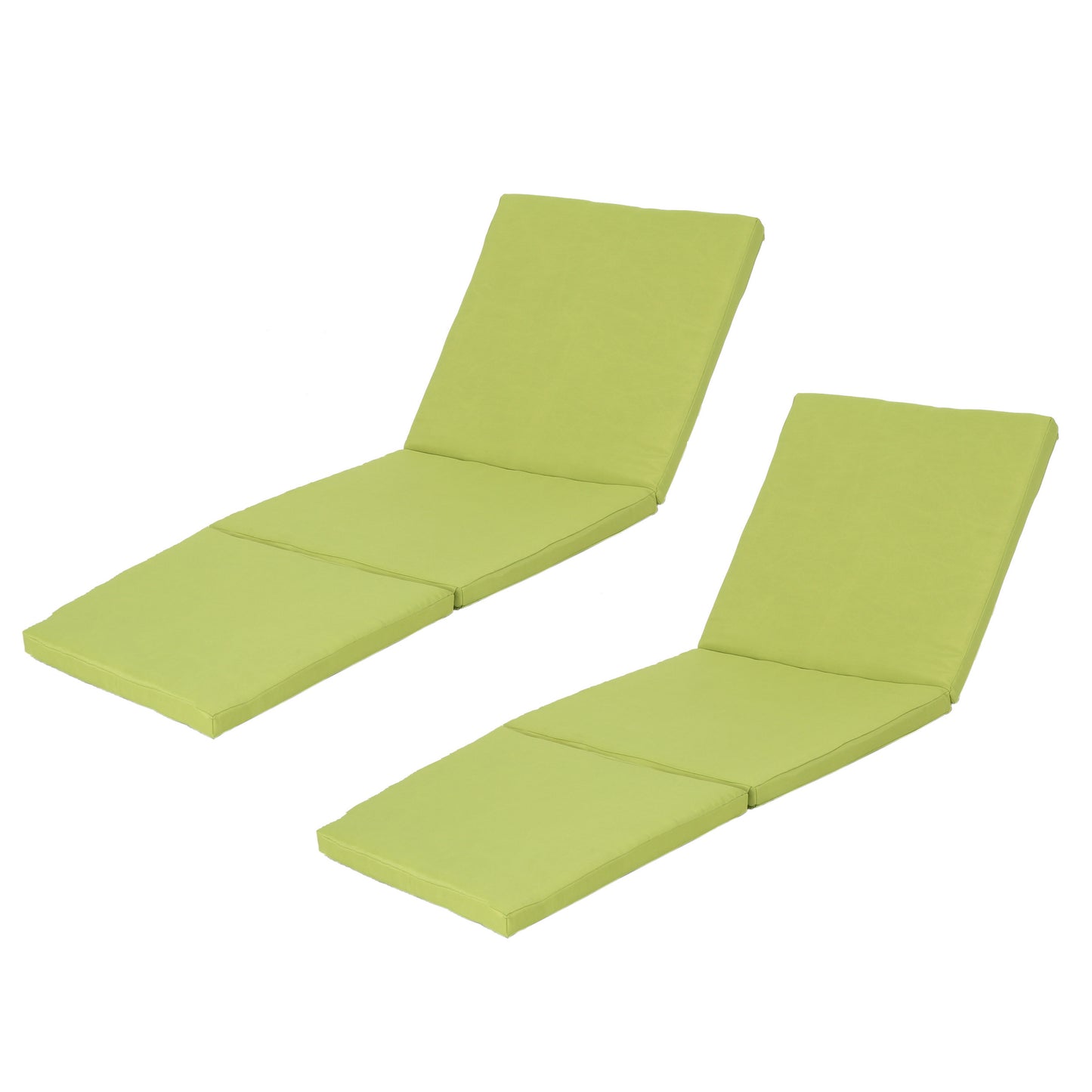 Two lime green plush lounge chair cushions with adjustable recline sections