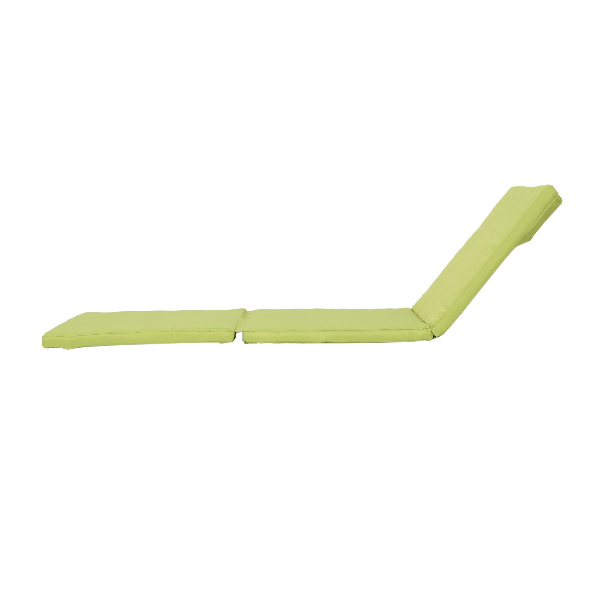 Light green padded outdoor chaise lounge cushion folded for storage