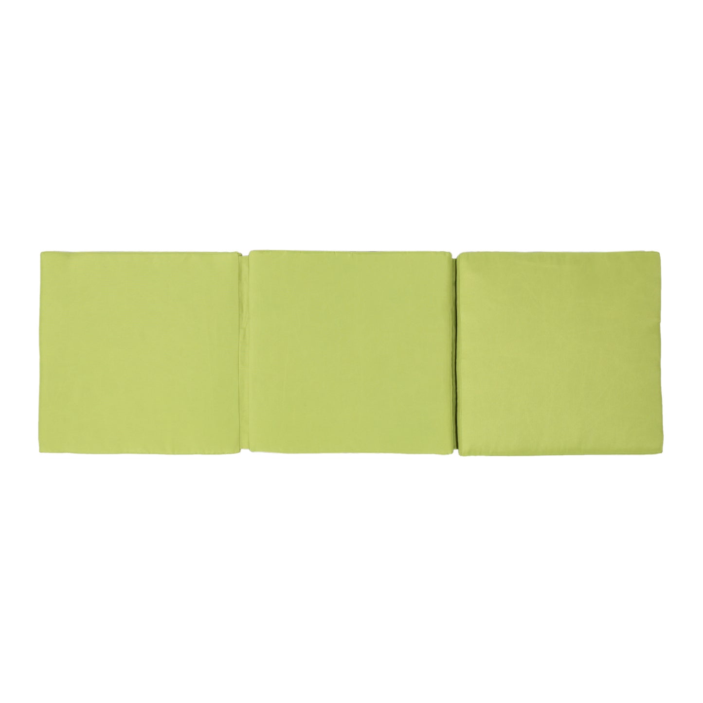 Three light green seat cushions for outdoor furniture fabric texture visible