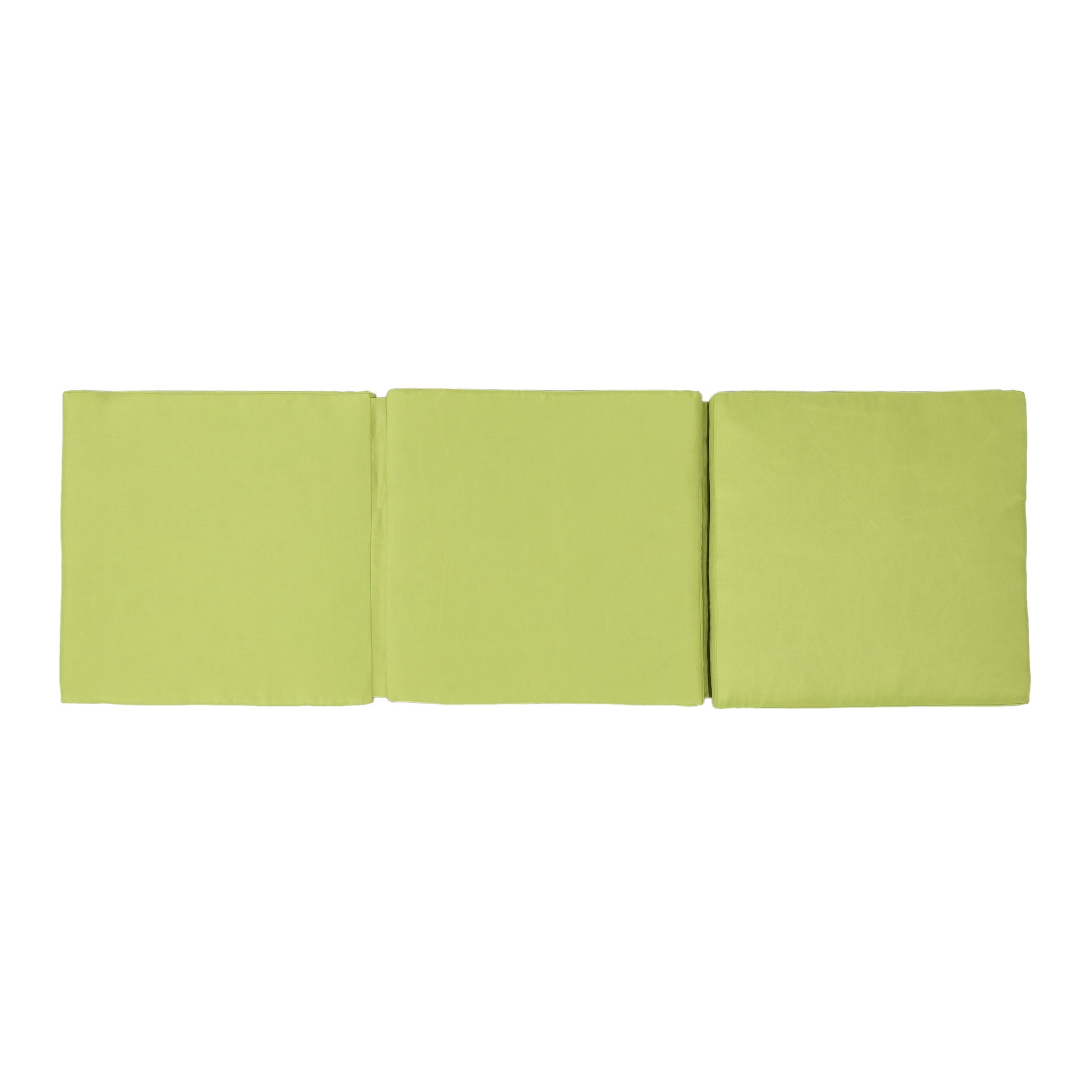 Three light green seat cushions for outdoor furniture fabric texture visible