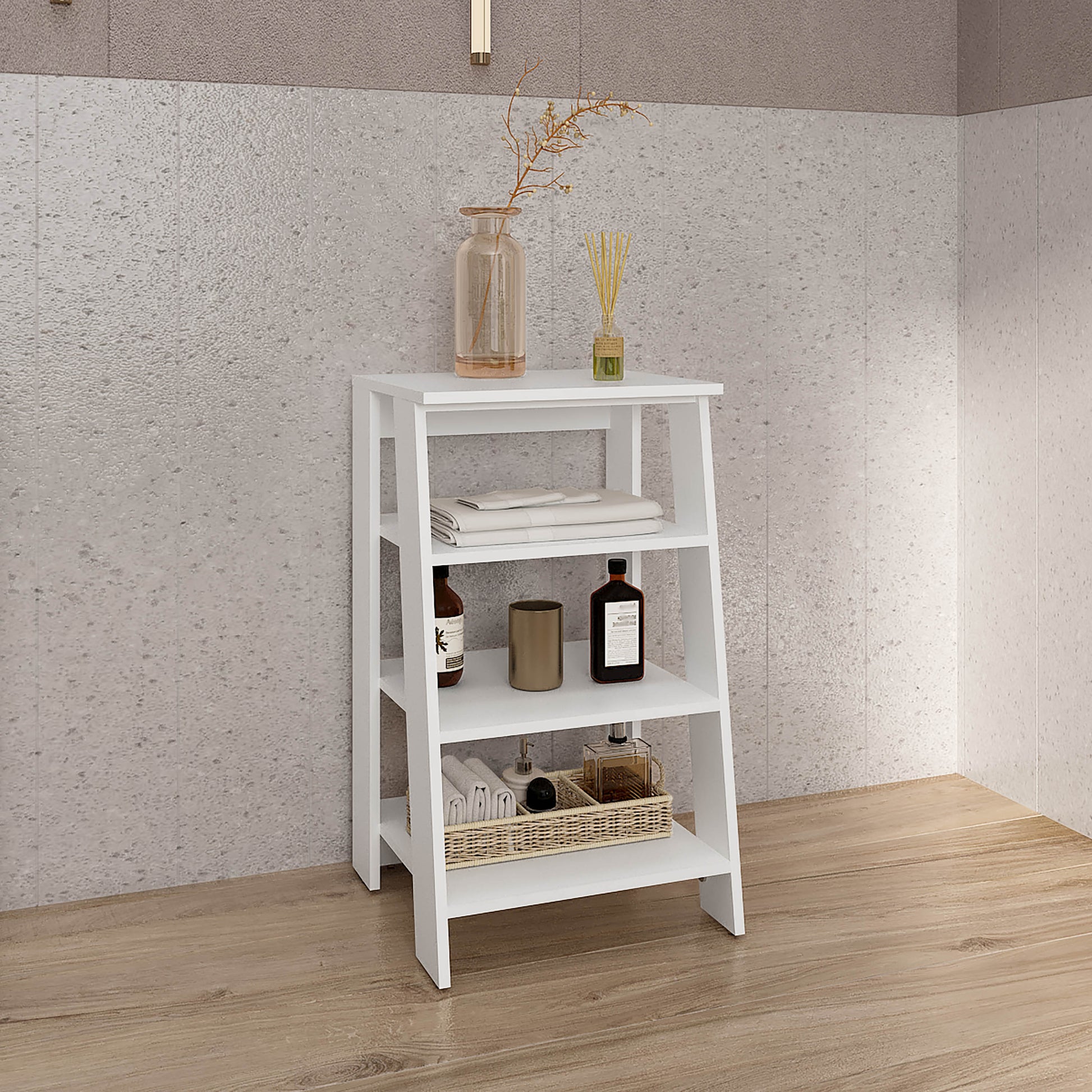 White tier ladder shelf with toiletries and towels ideal for bathroom organization