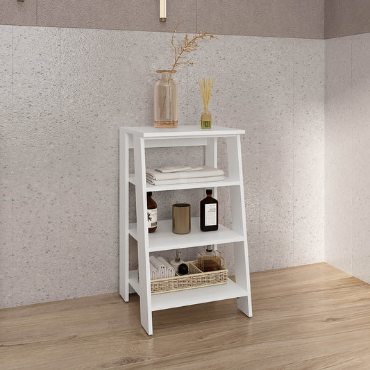 White tier ladder shelf with toiletries and towels ideal for bathroom organization