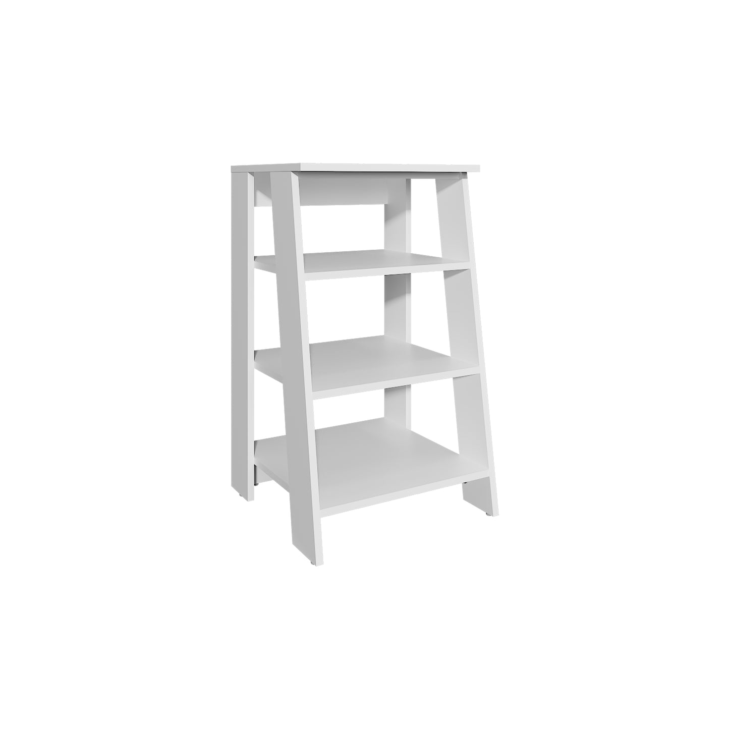 Modern white ladder shelf with three open tiers ideal for storage