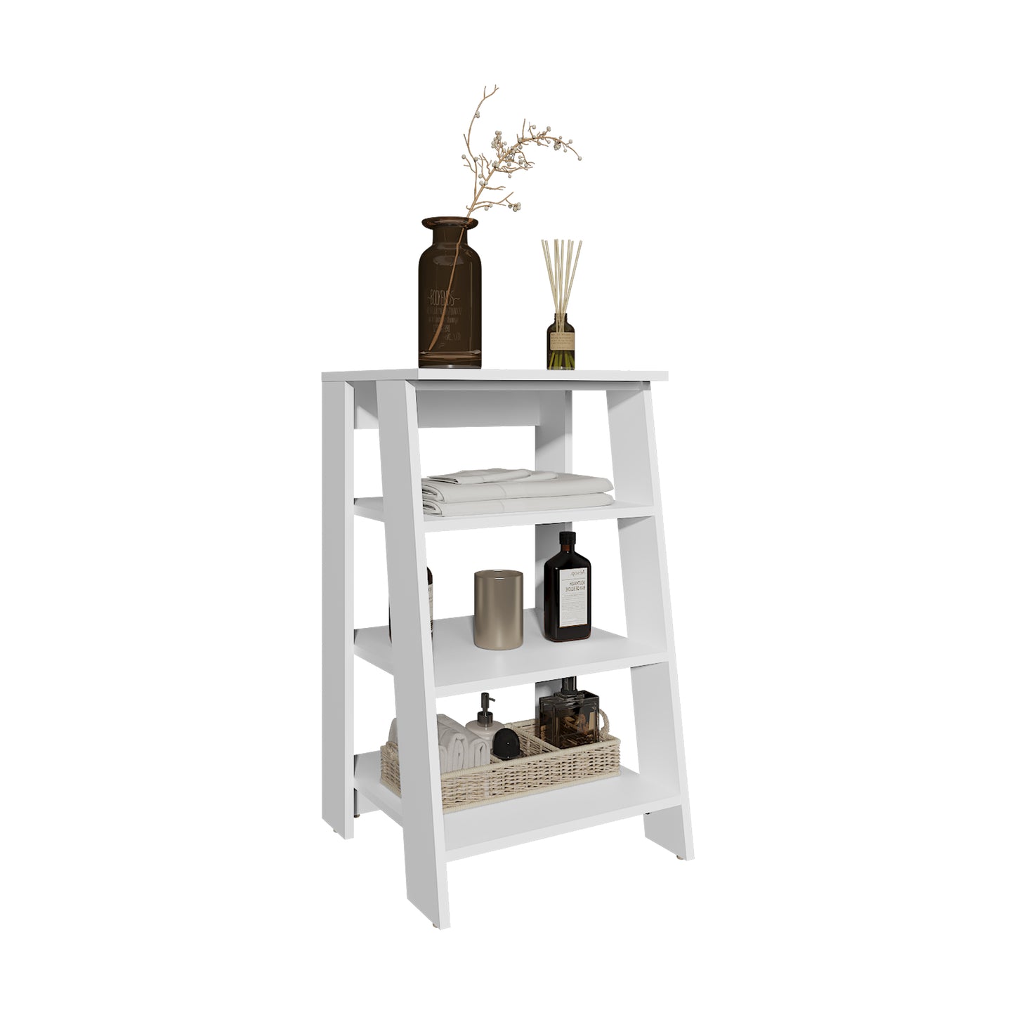 White wooden ladder shelf with decorative items and folded towels