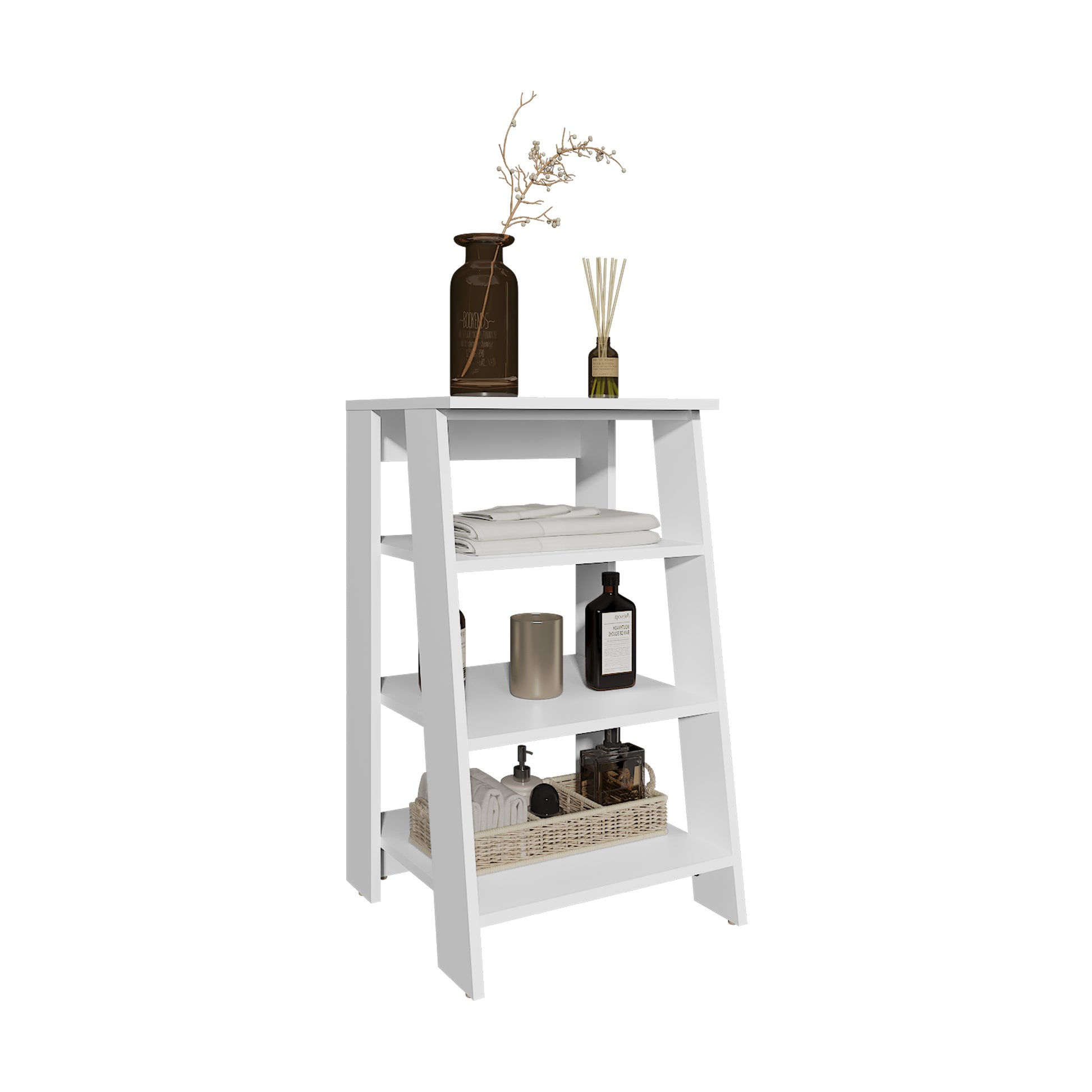 White wooden ladder shelf with decorative items and folded towels
