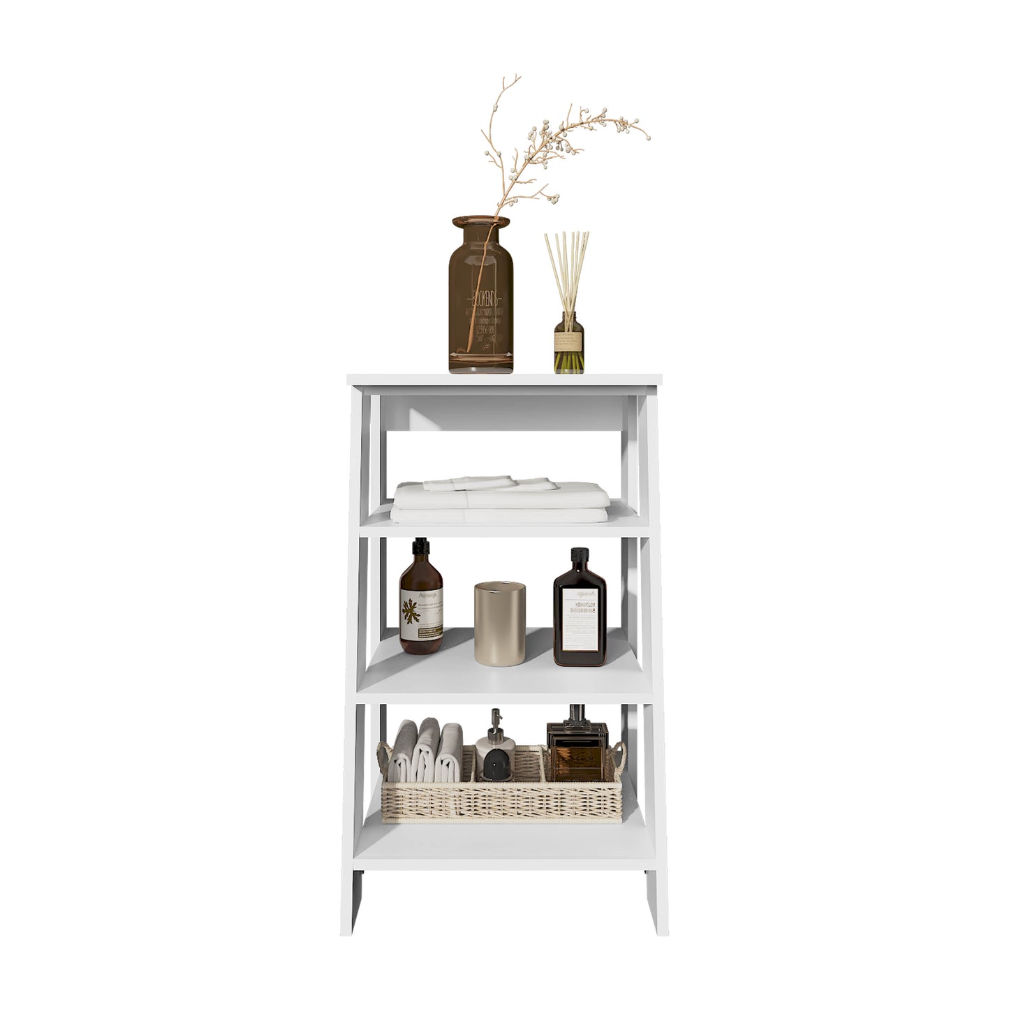 White modern shelving unit with bathroom accessories and folded towels on shelves