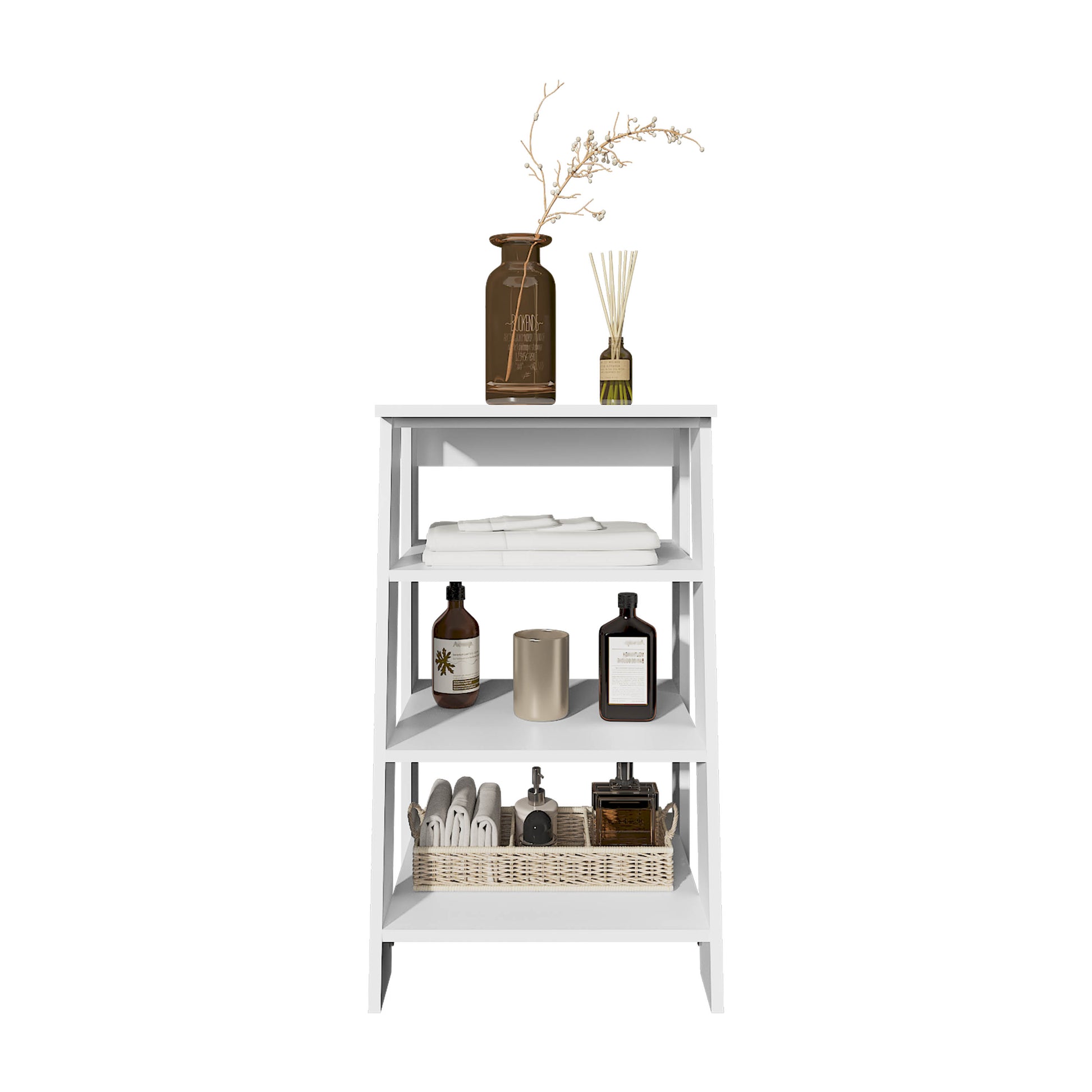 White modern shelving unit with bathroom accessories and folded towels on shelves