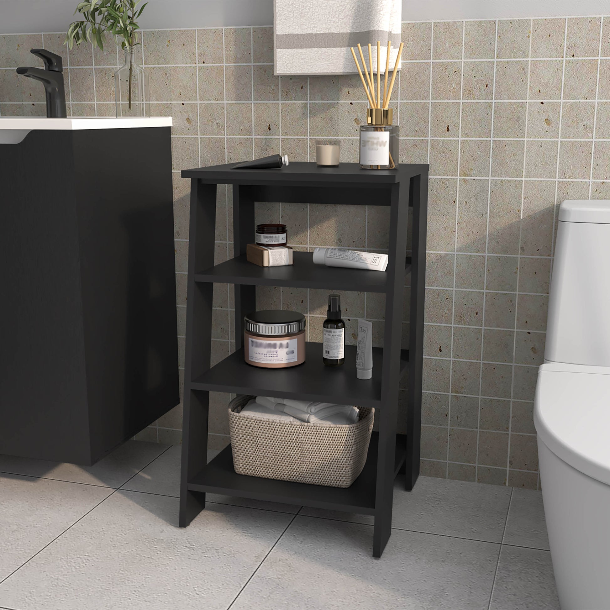 Modern black ladder shelf with  tiers perfect for bathroom organization and storage