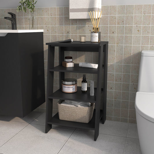 Modern black ladder shelf with  tiers perfect for bathroom organization and storage