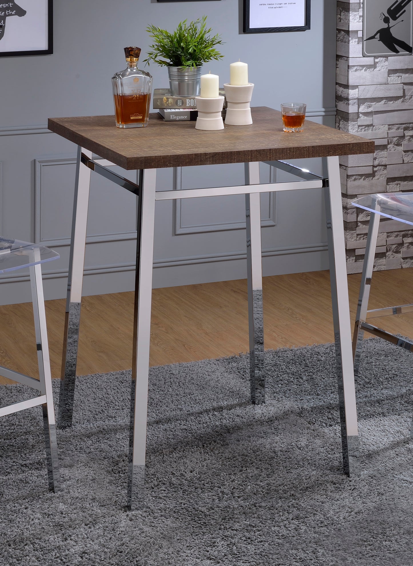 Square dark wood top bar table with chrome legs perfect for modern kitchens