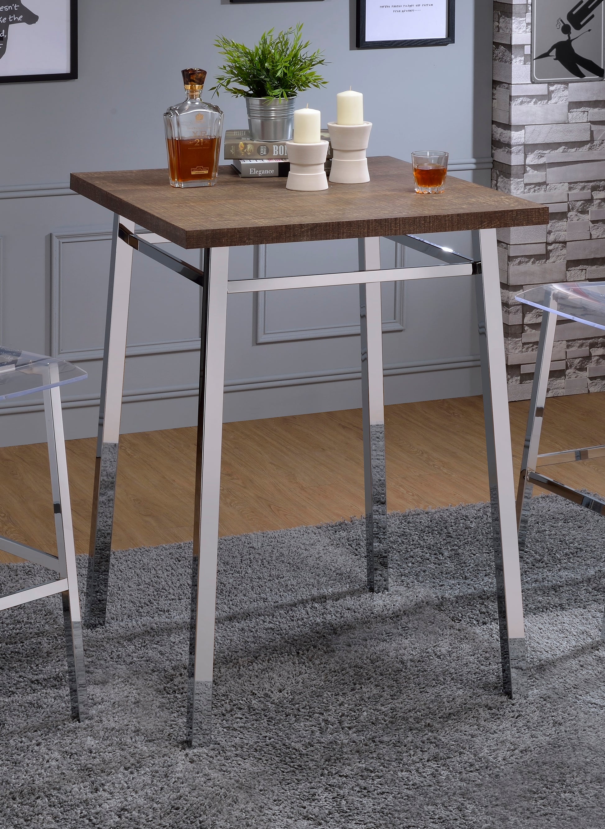 Square dark wood top bar table with chrome legs perfect for modern kitchens