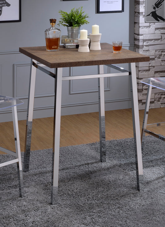 Square dark wood top bar table with chrome legs perfect for modern kitchens