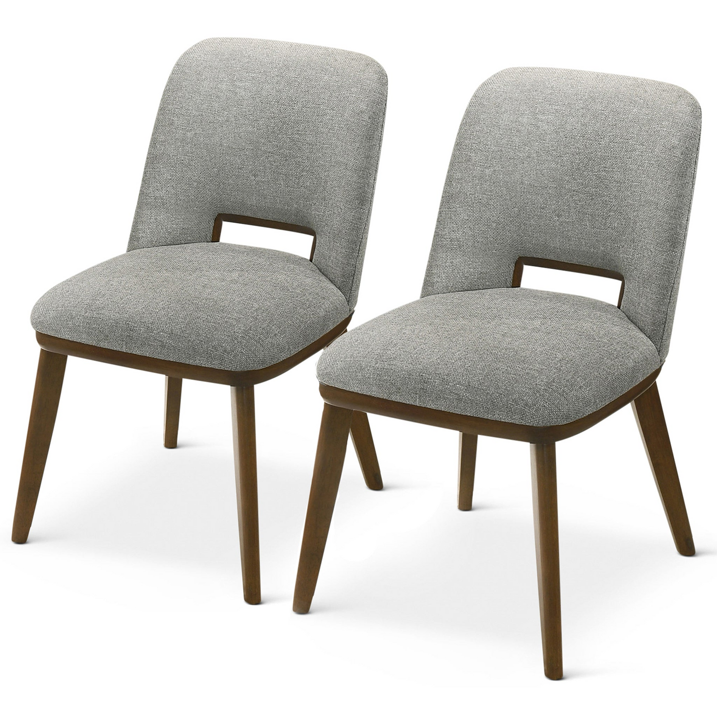 Pair of upholstered dining chairs with light gray fabric and walnut wood legs