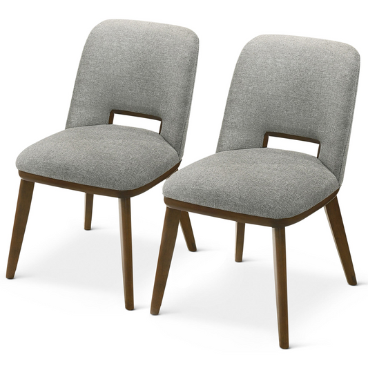 Pair of upholstered dining chairs with light gray fabric and walnut wood legs