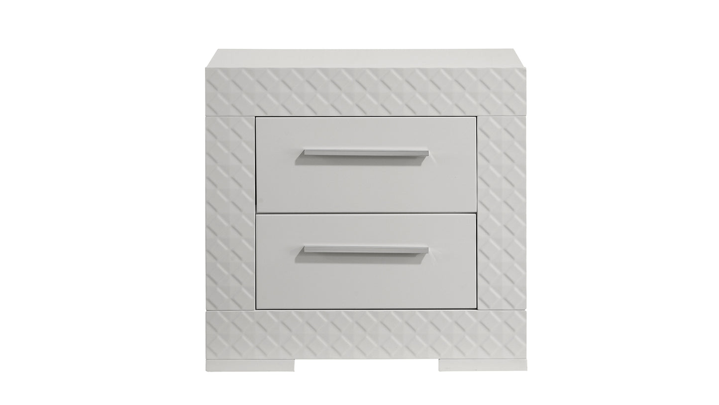 White modern bedside table with two drawers and geometric textured panels