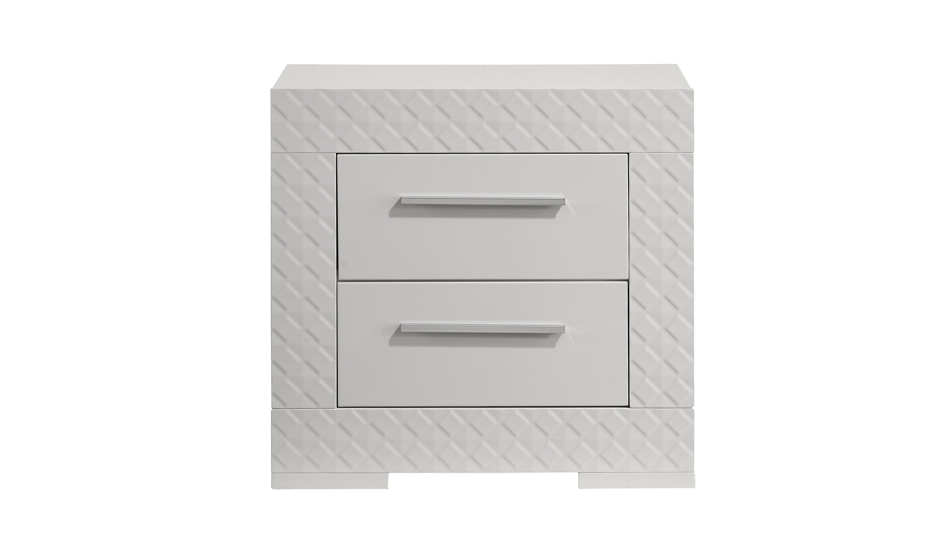 White modern bedside table with two drawers and geometric textured panels