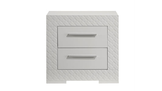 White modern bedside table with two drawers and geometric textured panels