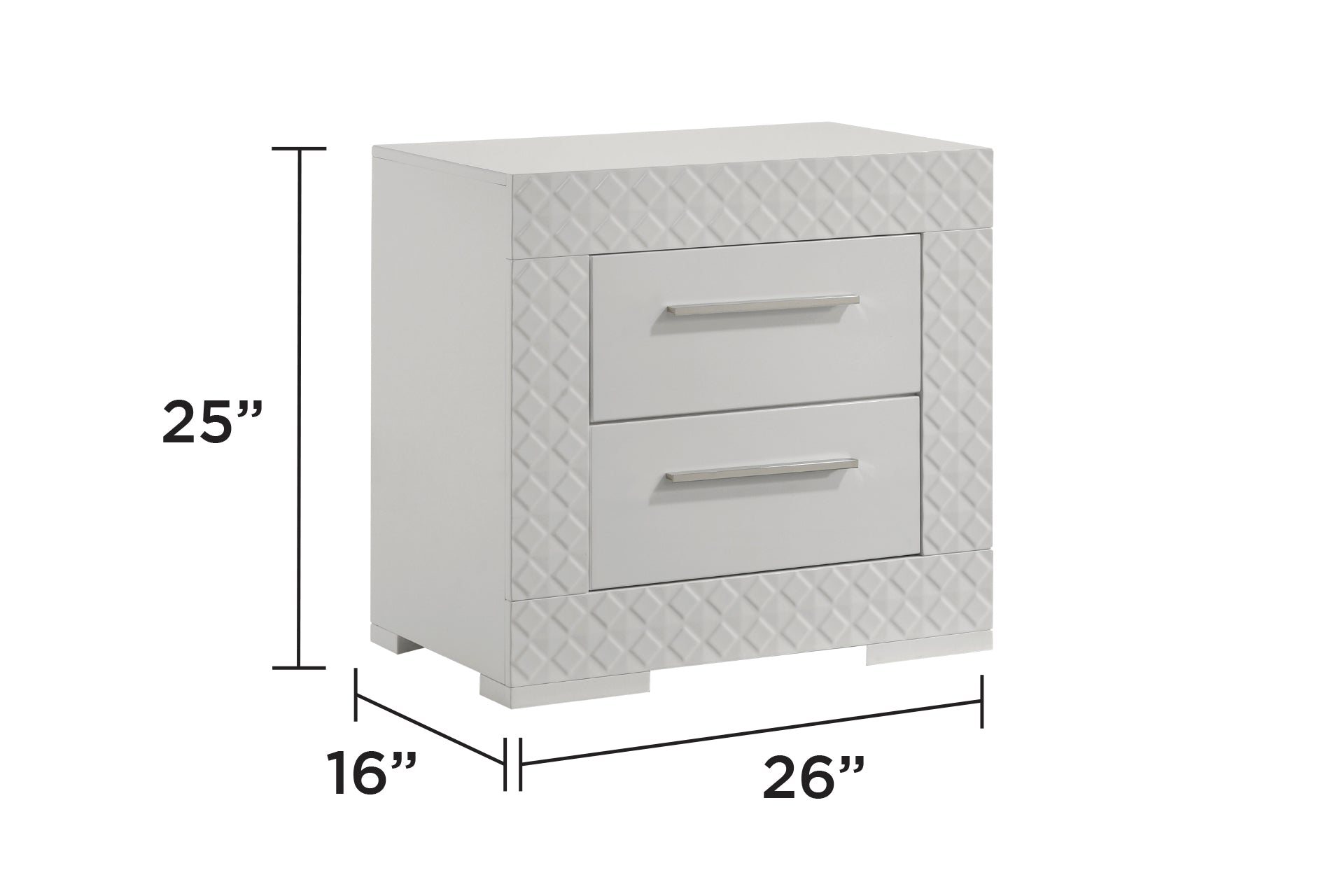 White twodrawer nightstand with diamondpatterned sides and silver pulls