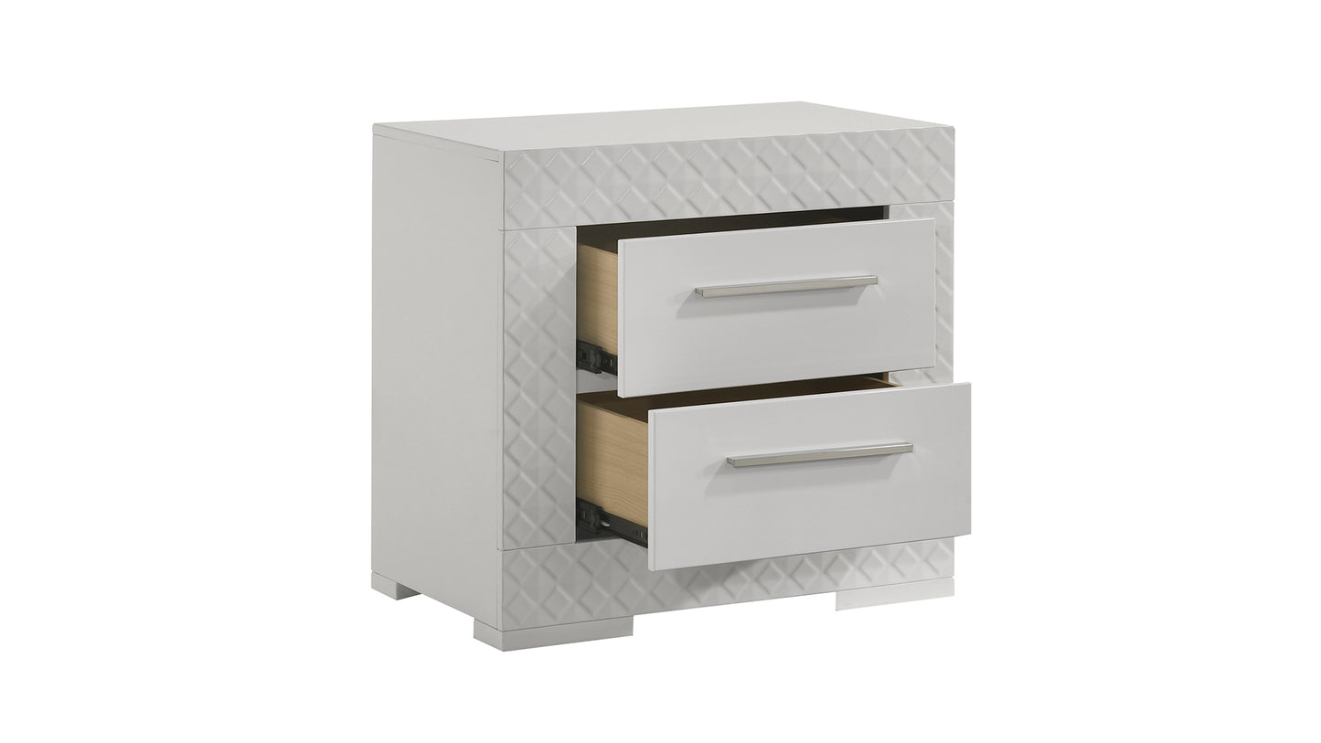 Modern white nightstand with textured diamond pattern on drawer fronts