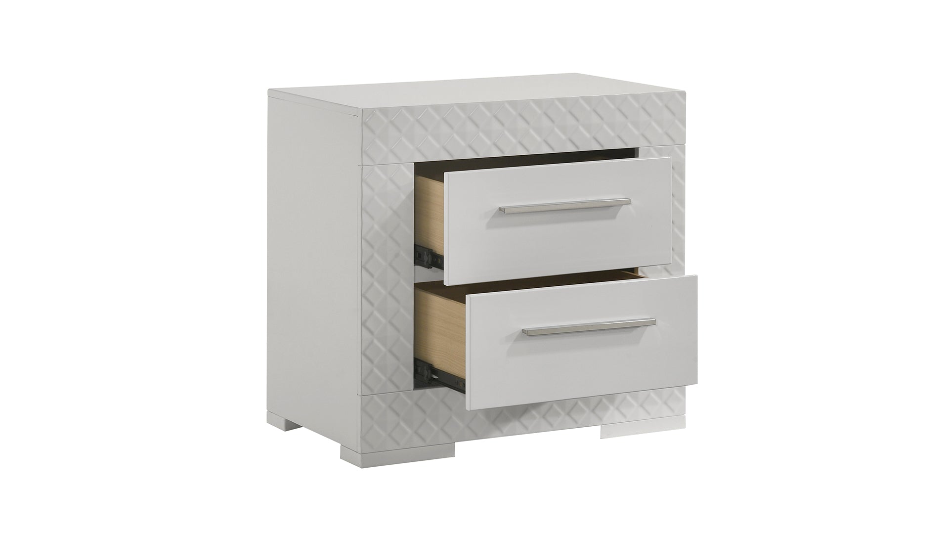 Modern white nightstand with textured diamond pattern on drawer fronts