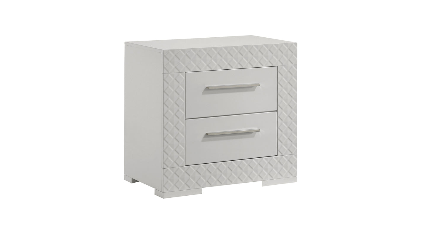 Modern white nightstand with textured diamond pattern and two drawers