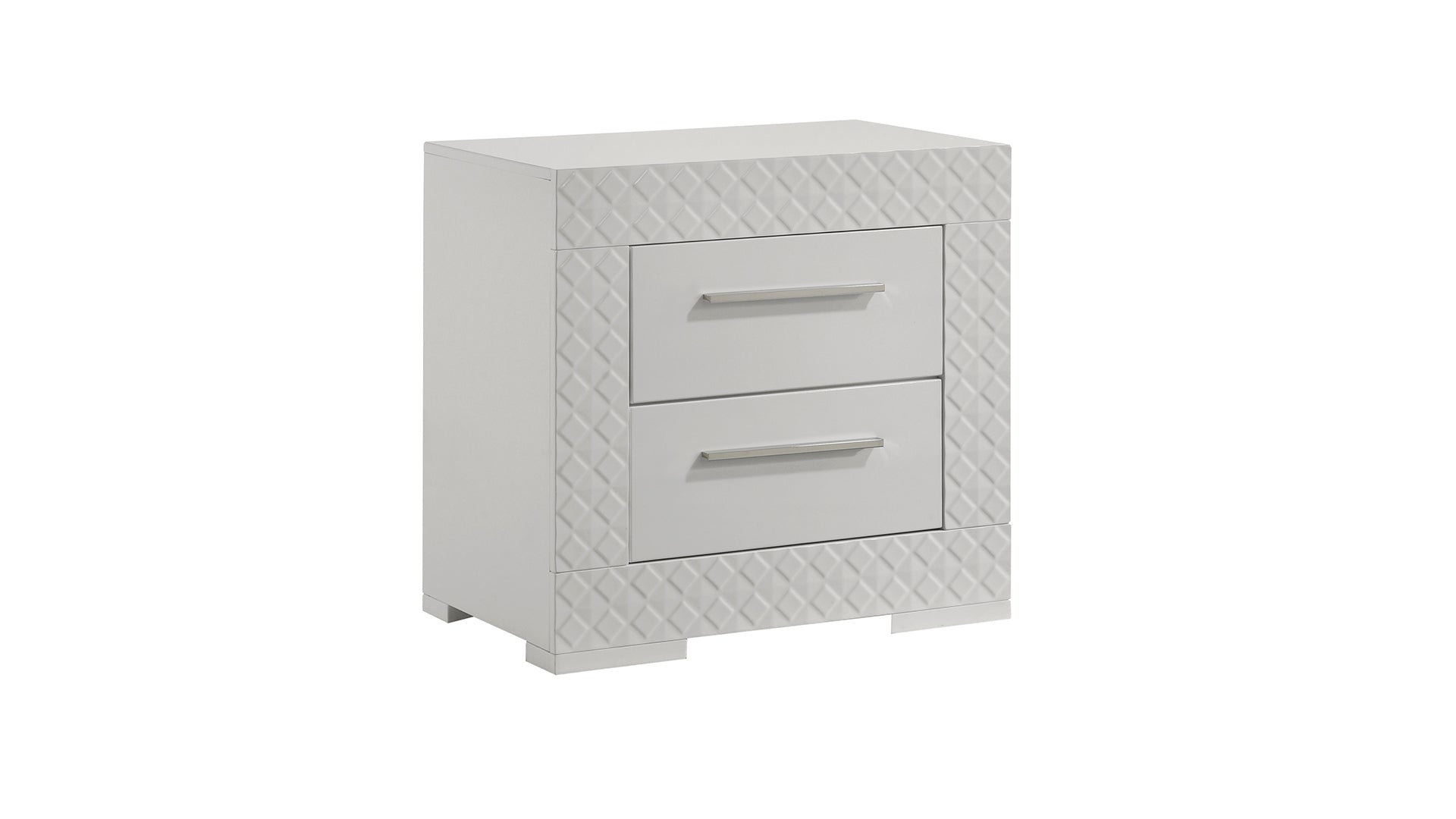 Modern white nightstand with textured diamond pattern and two drawers