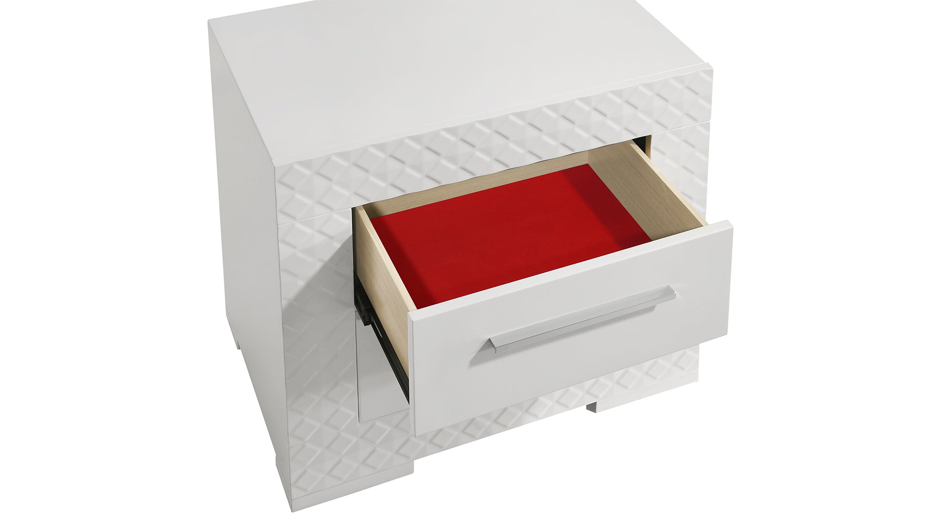 White lacquered nightstand with textured diamond pattern and open drawer lined with red velvet