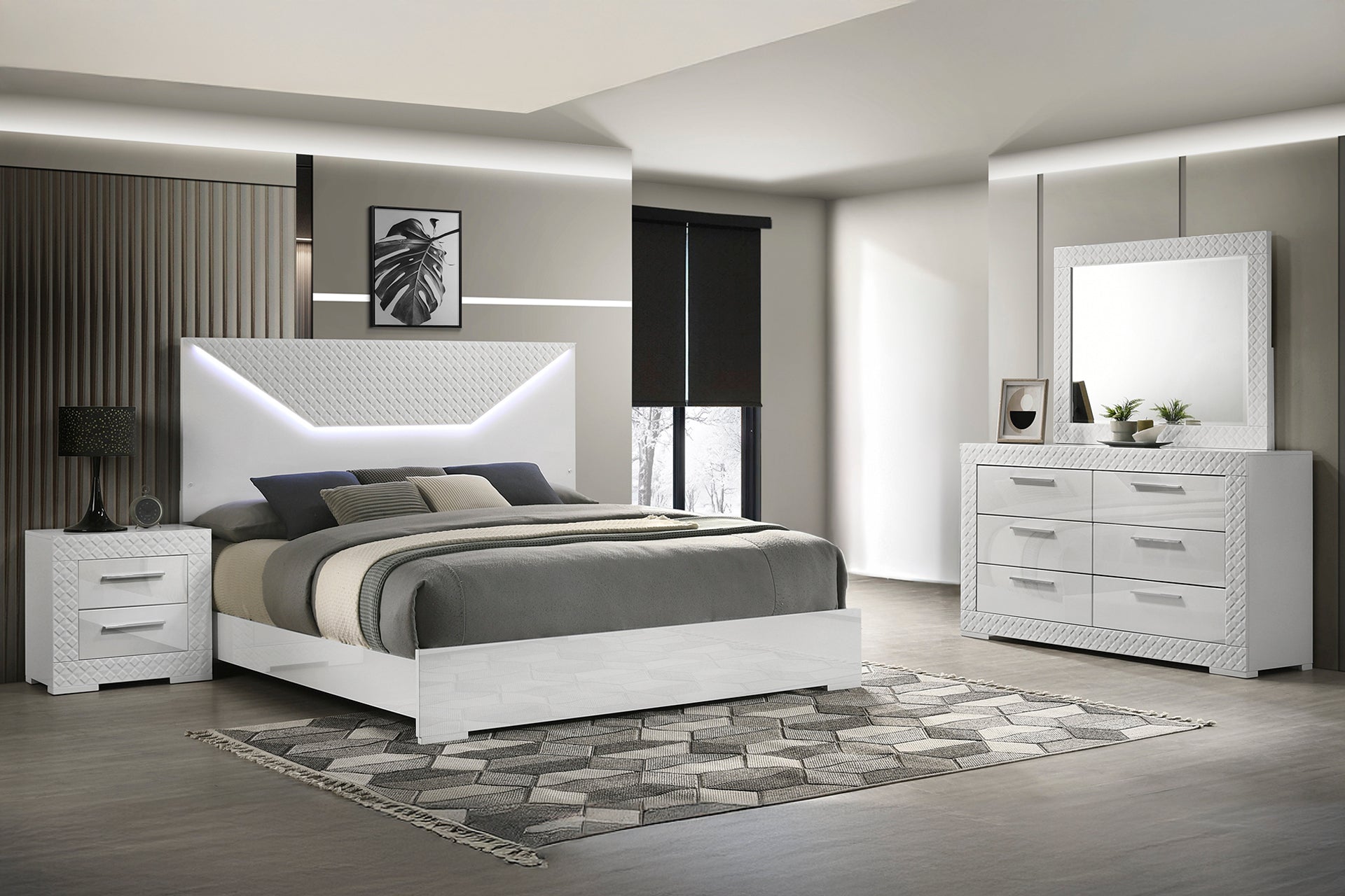 Modern white queen bed with LED headboard and diamondpatterned accents