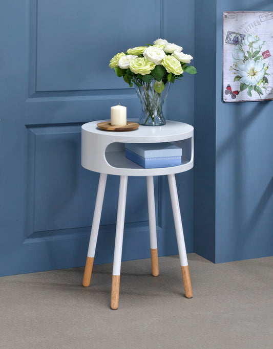 White round side table with open shelf wooden legs and rose floral decor